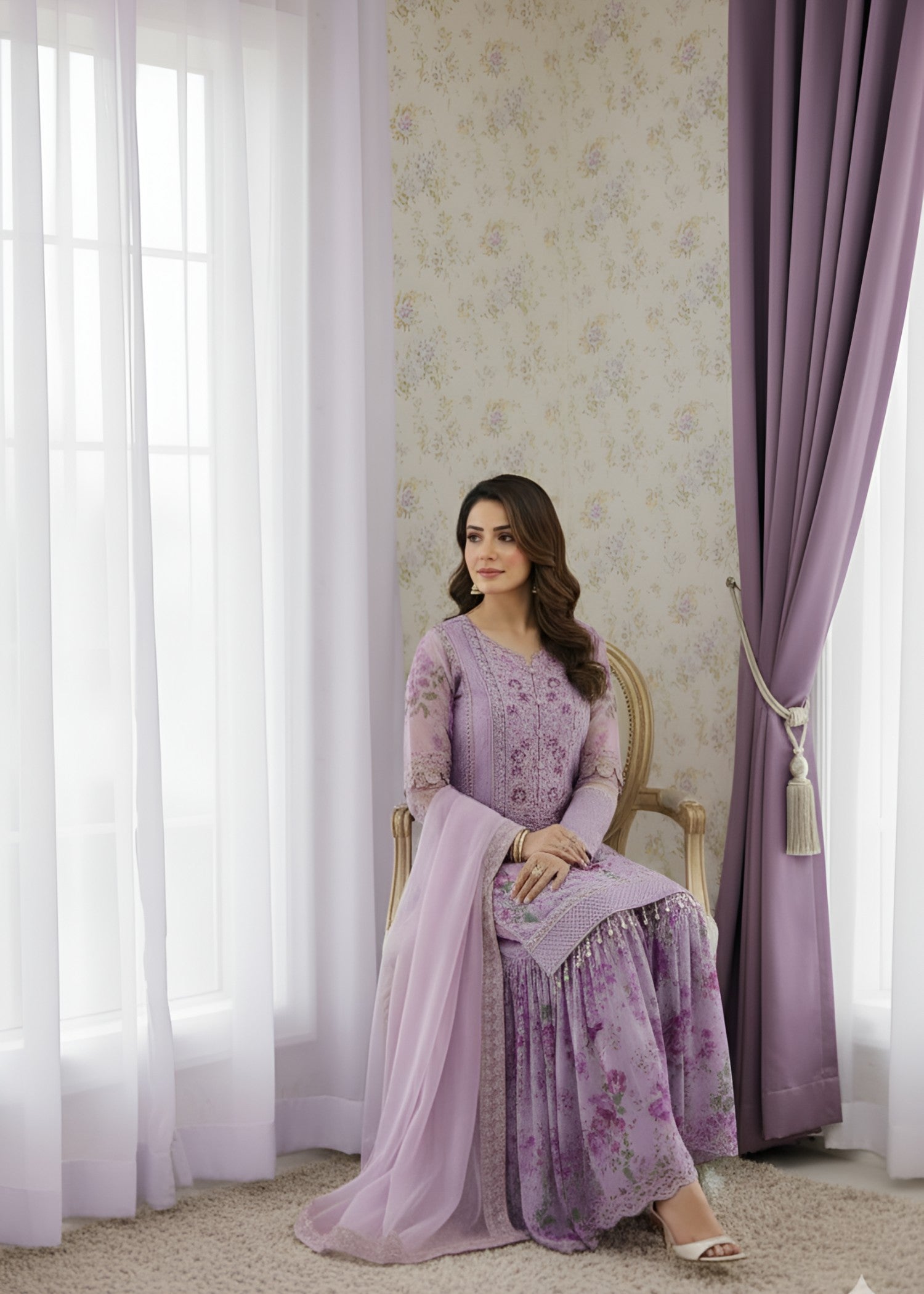organza Gharara in Bright lavender