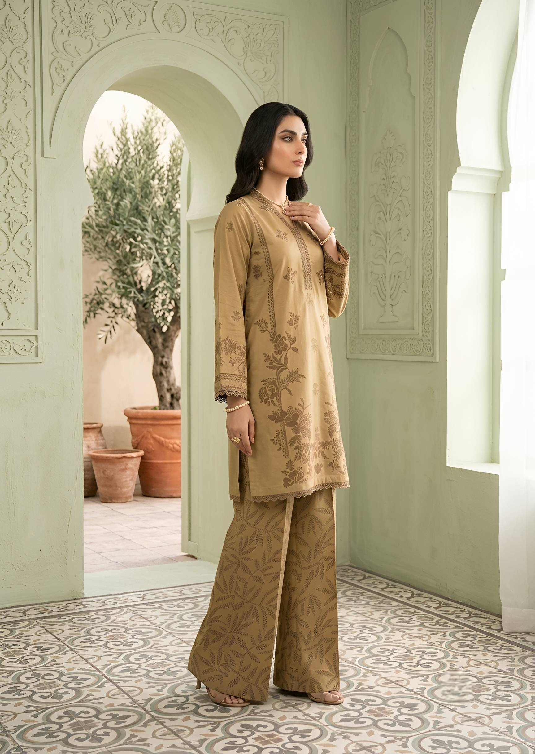 poly lawn Kurta Set in Peanut