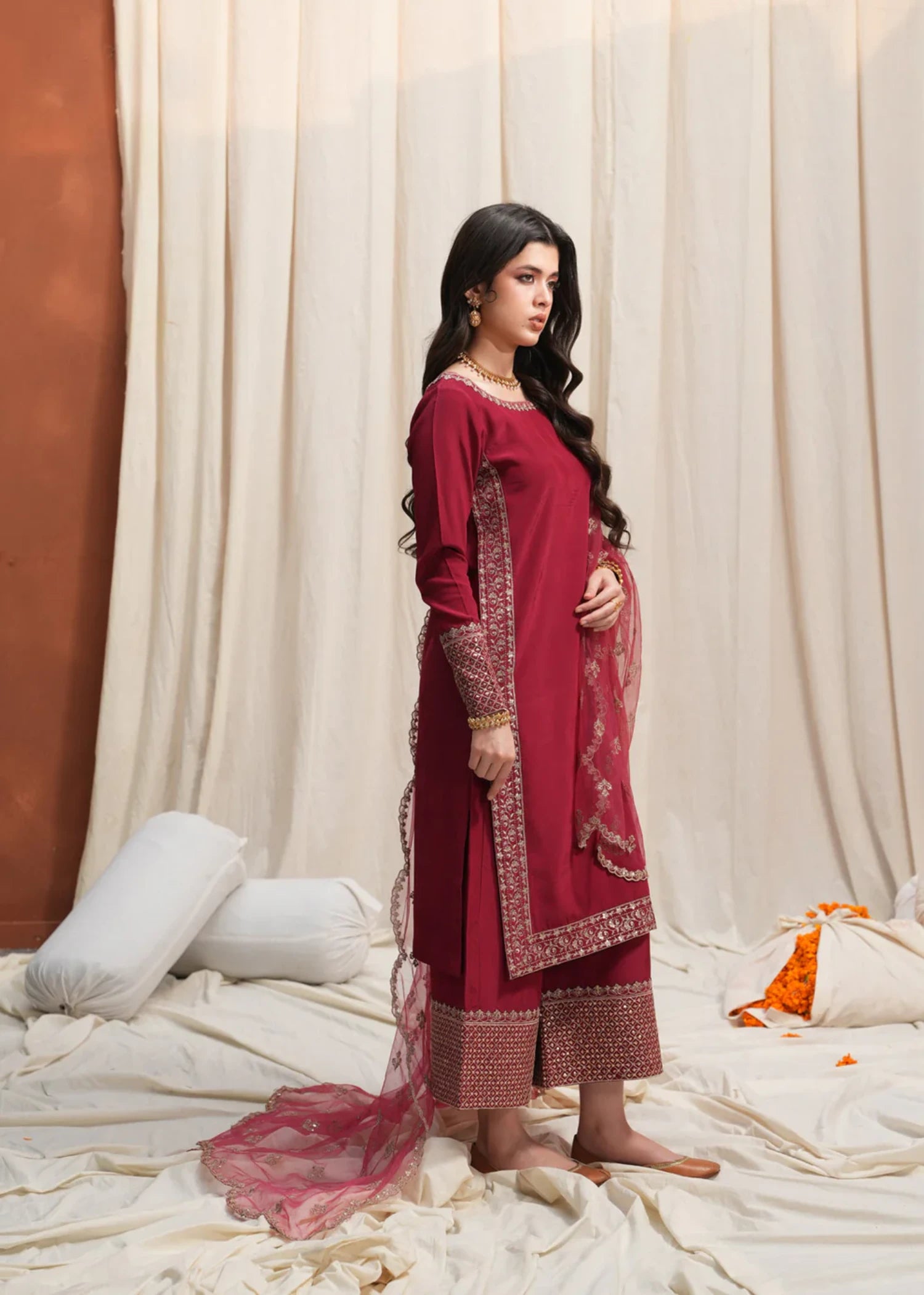 korean raw silk Kurta Set in Ruby red