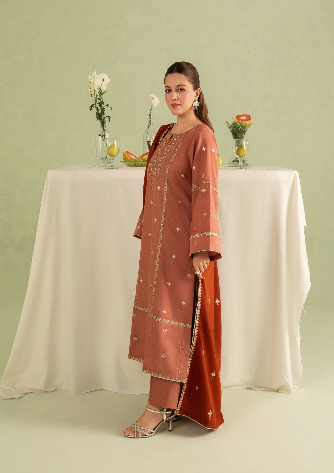 dhanak Kurta Set in Coral pink