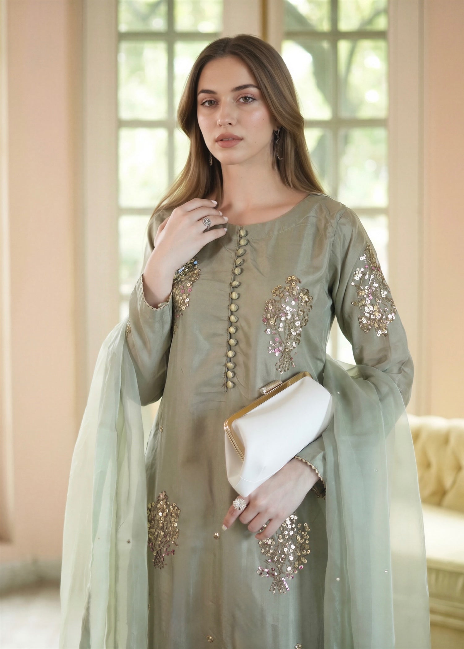kattan silk Kurta Set in Moss green