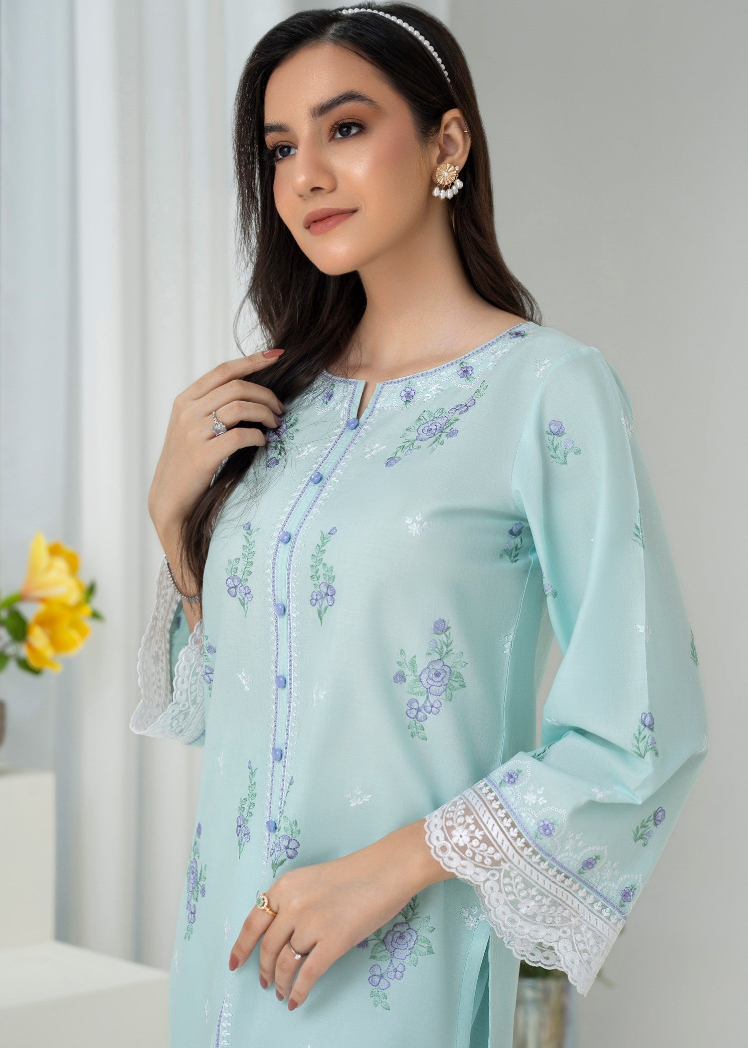 cambric Kurta Set in Powder blue