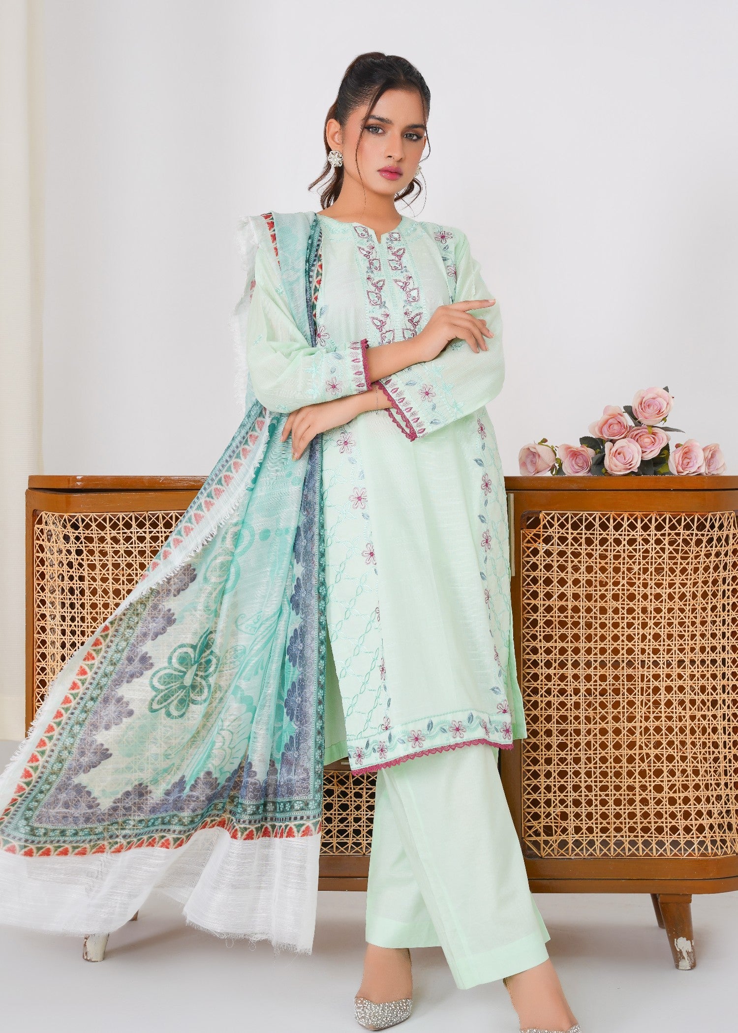 textured lawn Kurta Set in Tea green