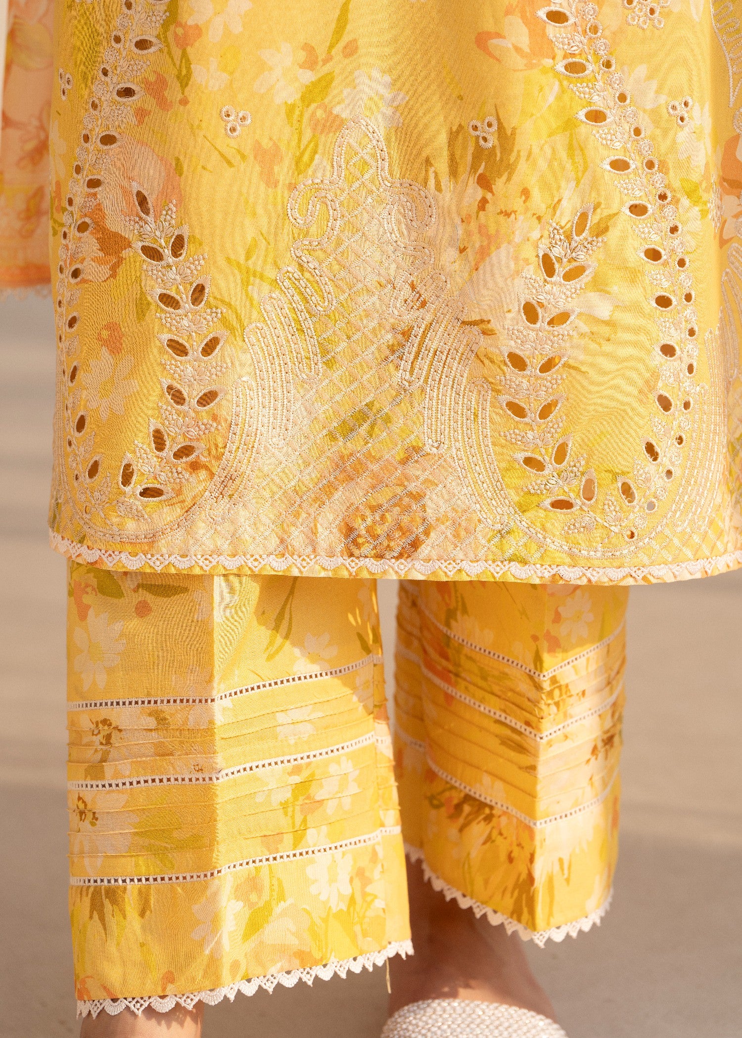 cambric Kurta Set in Pale yellow