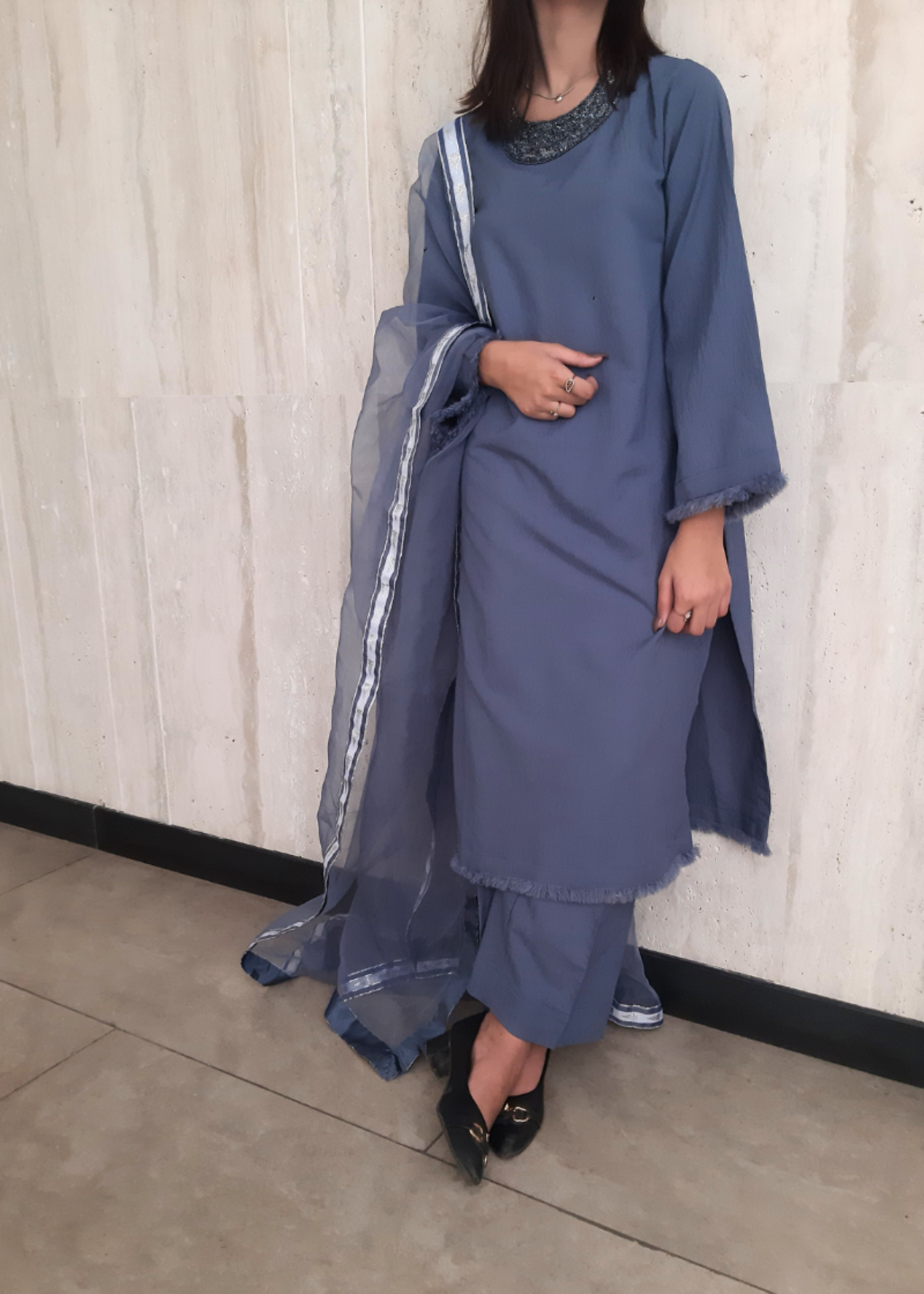 textured grip Kurta Set in Steel blue