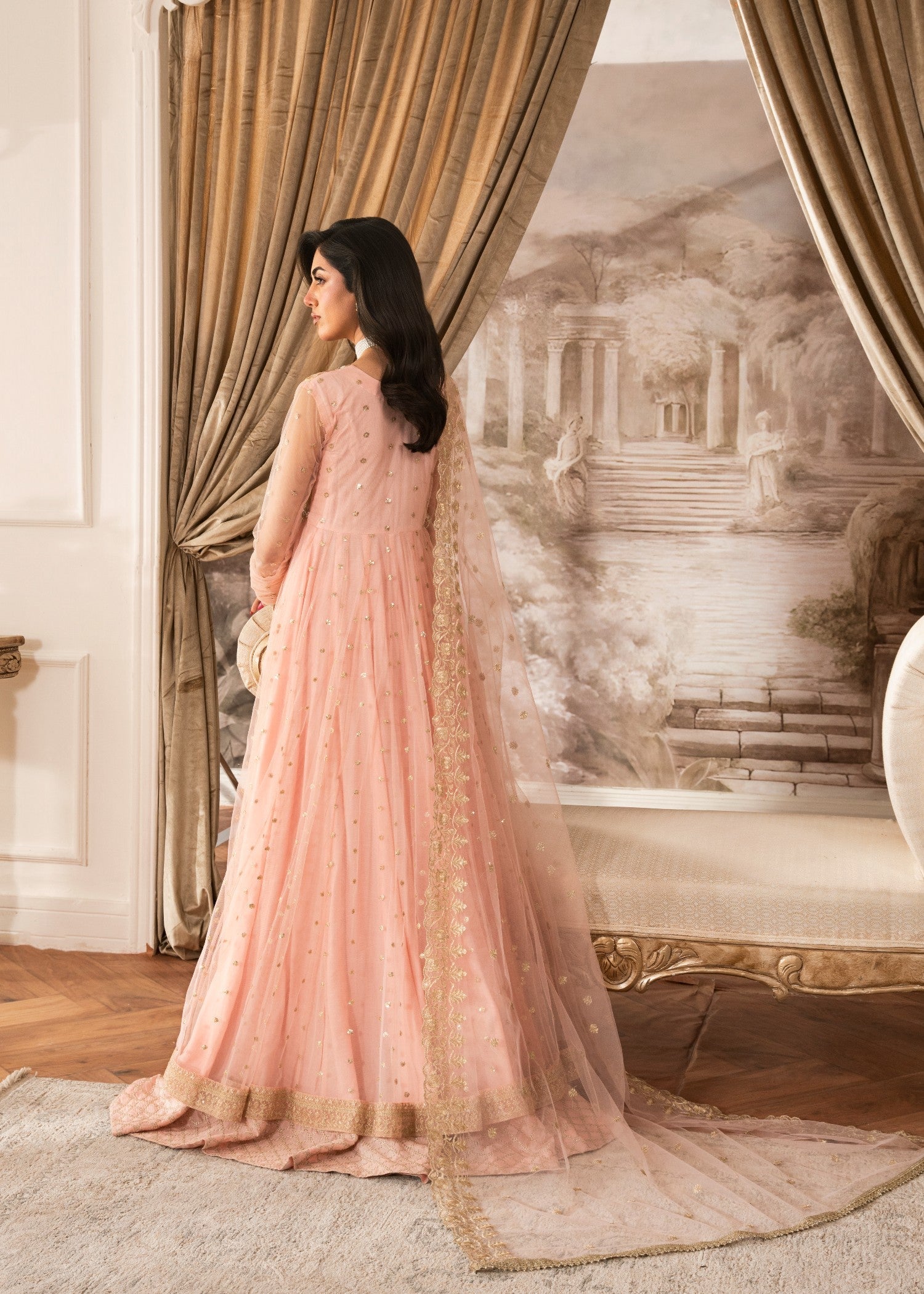 net Pishwas in Peach pink
