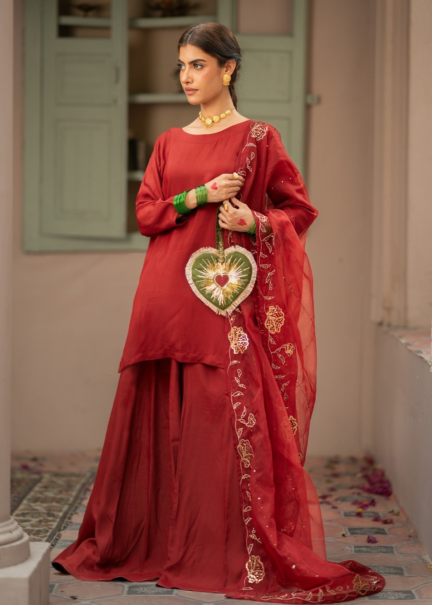 pk raw silk Sharara in Crimson