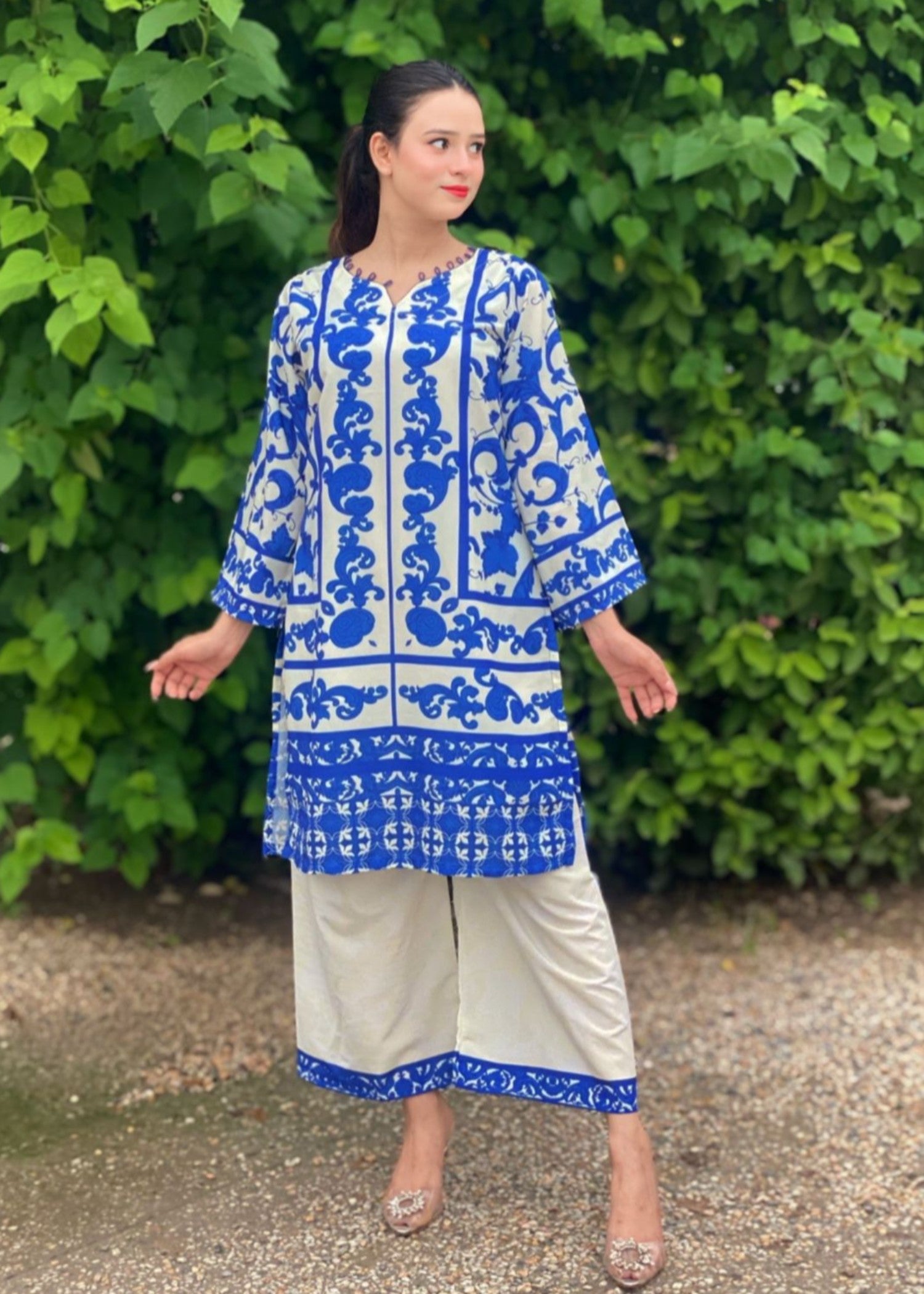 poly lawn Kurta Set in Off-white, blue
