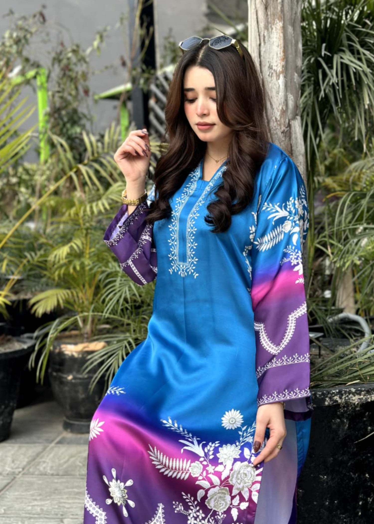 poly lawn Kurta Set in Sapphire blue