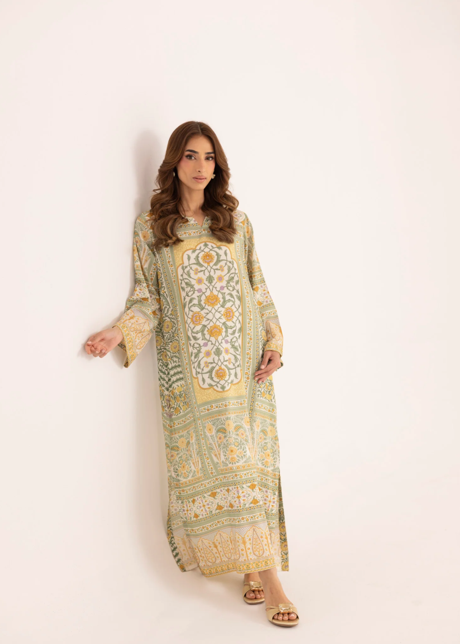 silk finish lawn Kaftan in Sage green