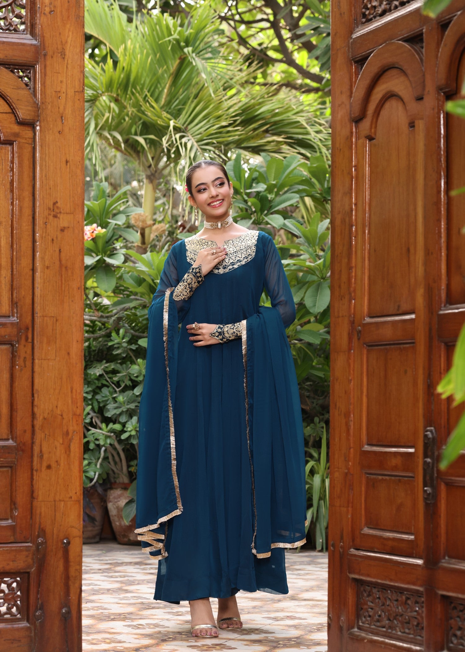 chiffon Pishwas in Teal