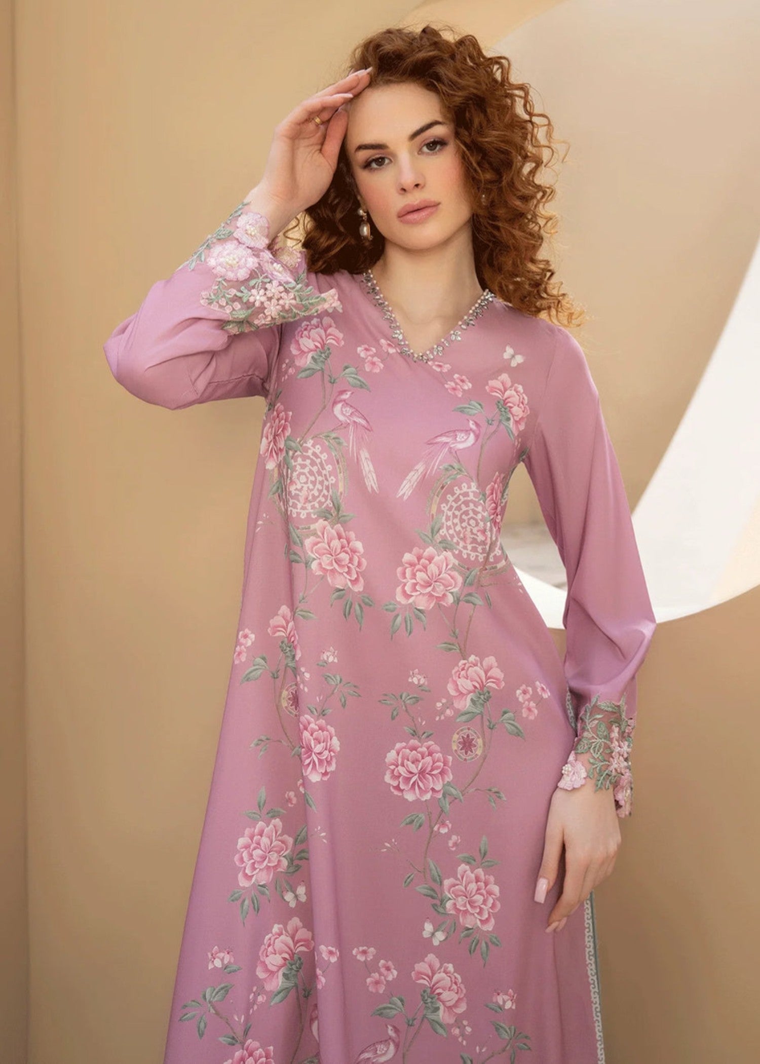 blended cambric Kaftan in Tea rose pink