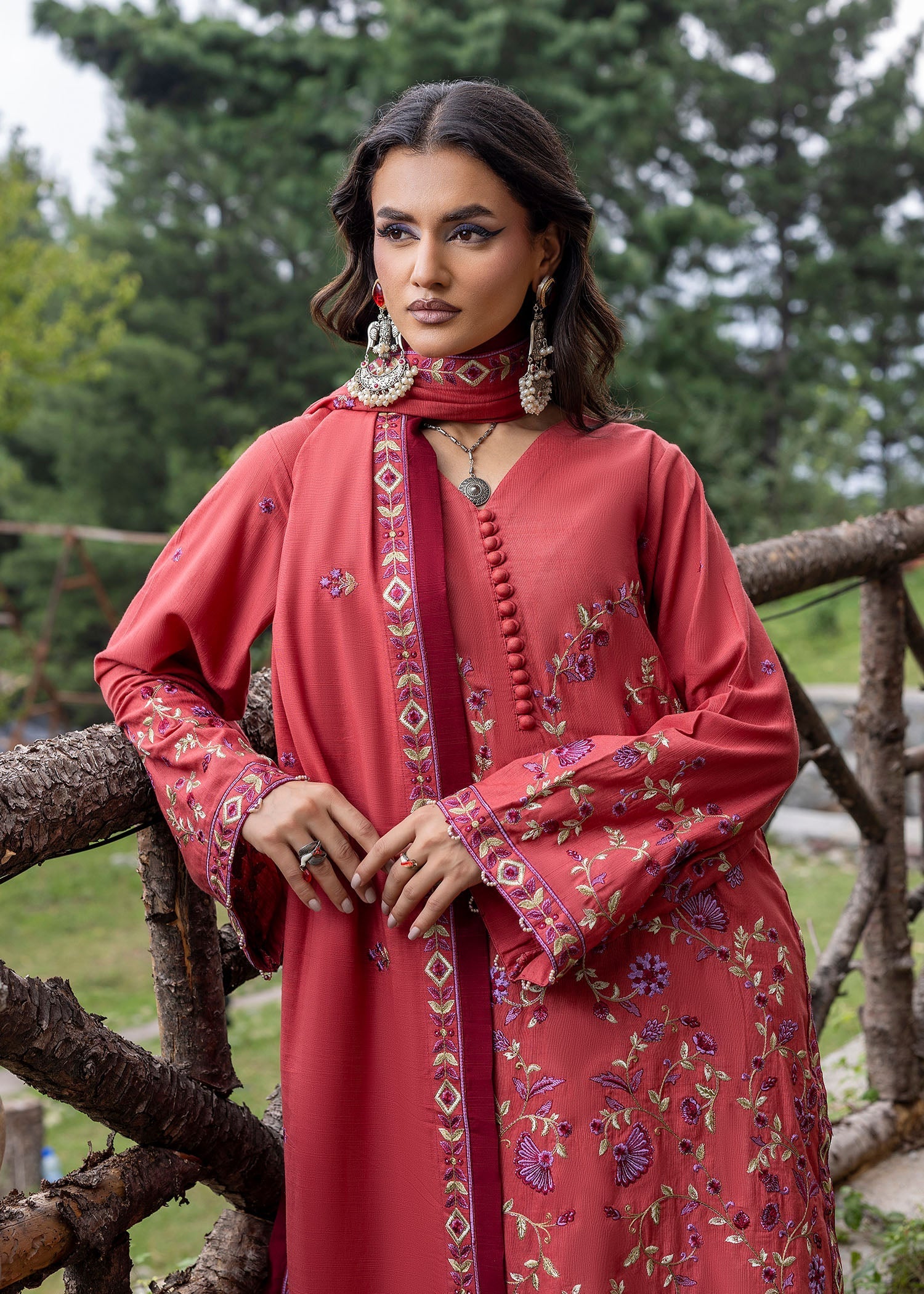 khaddar Kurta Set in Coral red