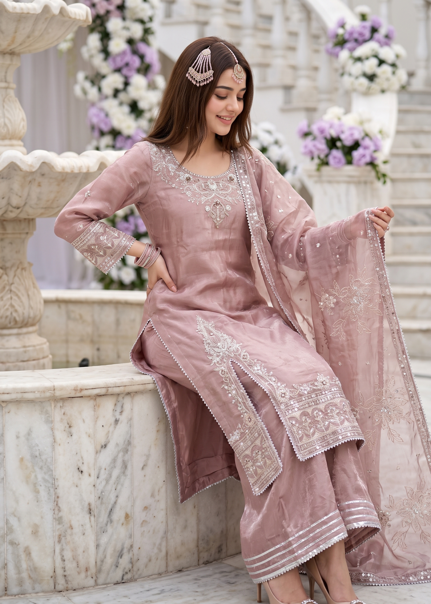 cotton silk Kurta Set in Purple taupe