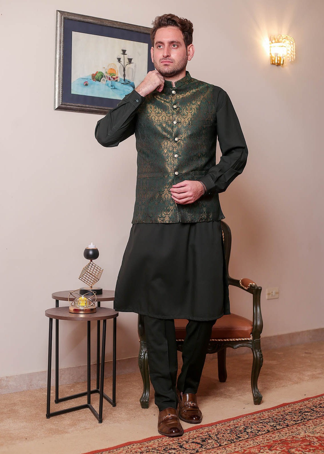 banarsi silk Waistcoat in Dark green