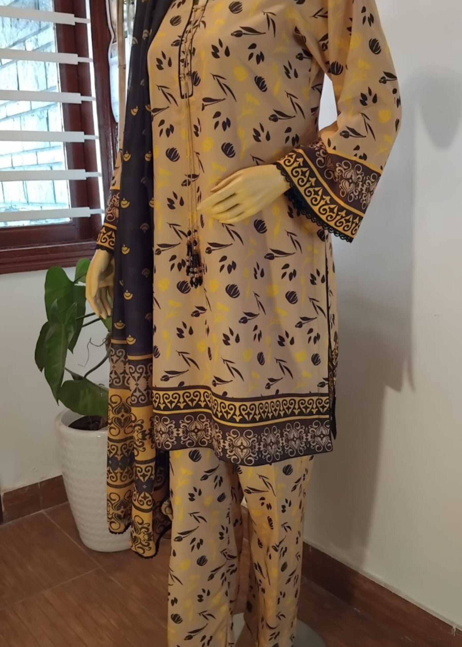 silk finish lawn Unstitched in Black, gold, mustard