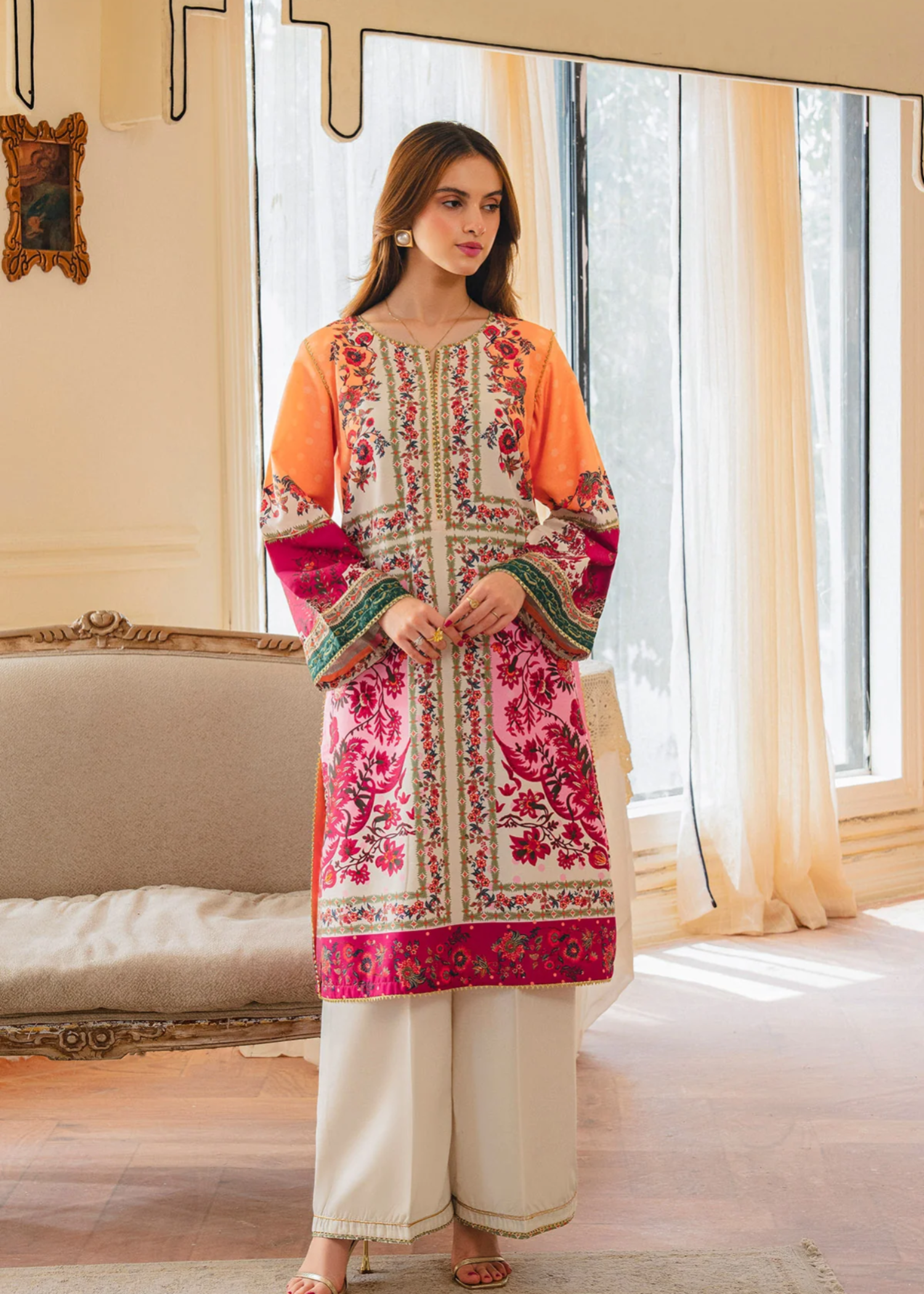 raw silk Kurta Set in Coral orange, bubblegum pink, red