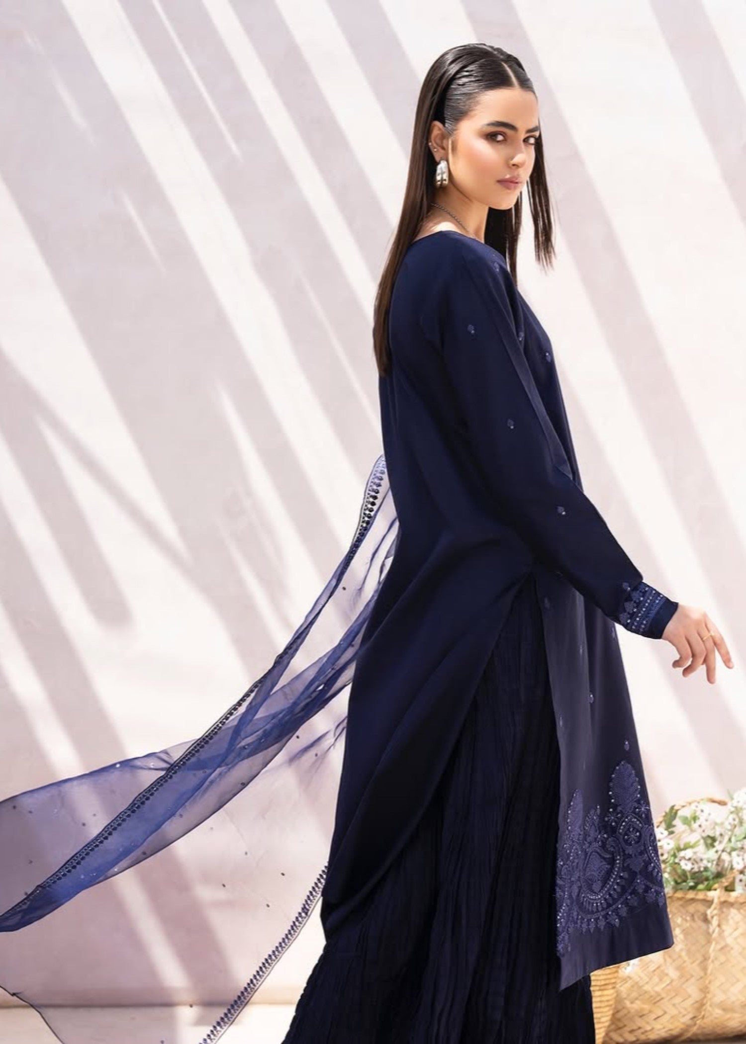 lawn Sharara in Navy blue