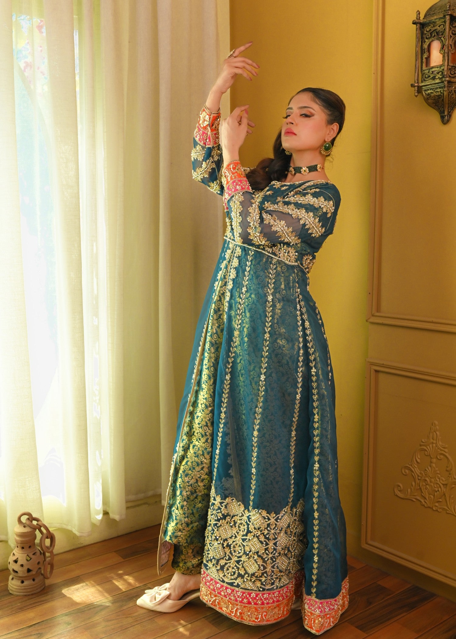 zari embroidered organza Pishwas in Teal