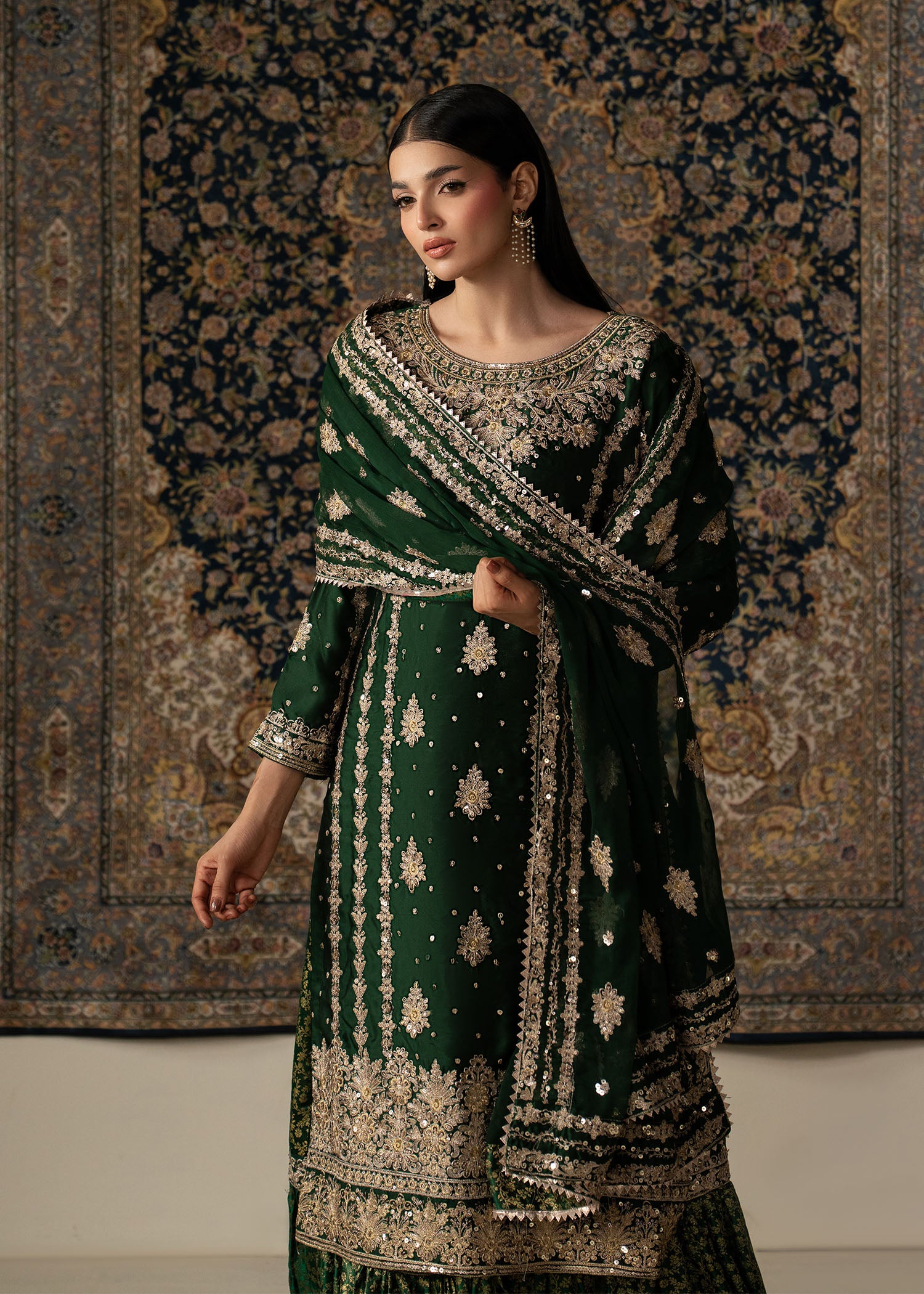 chiffon Gharara in Dark green