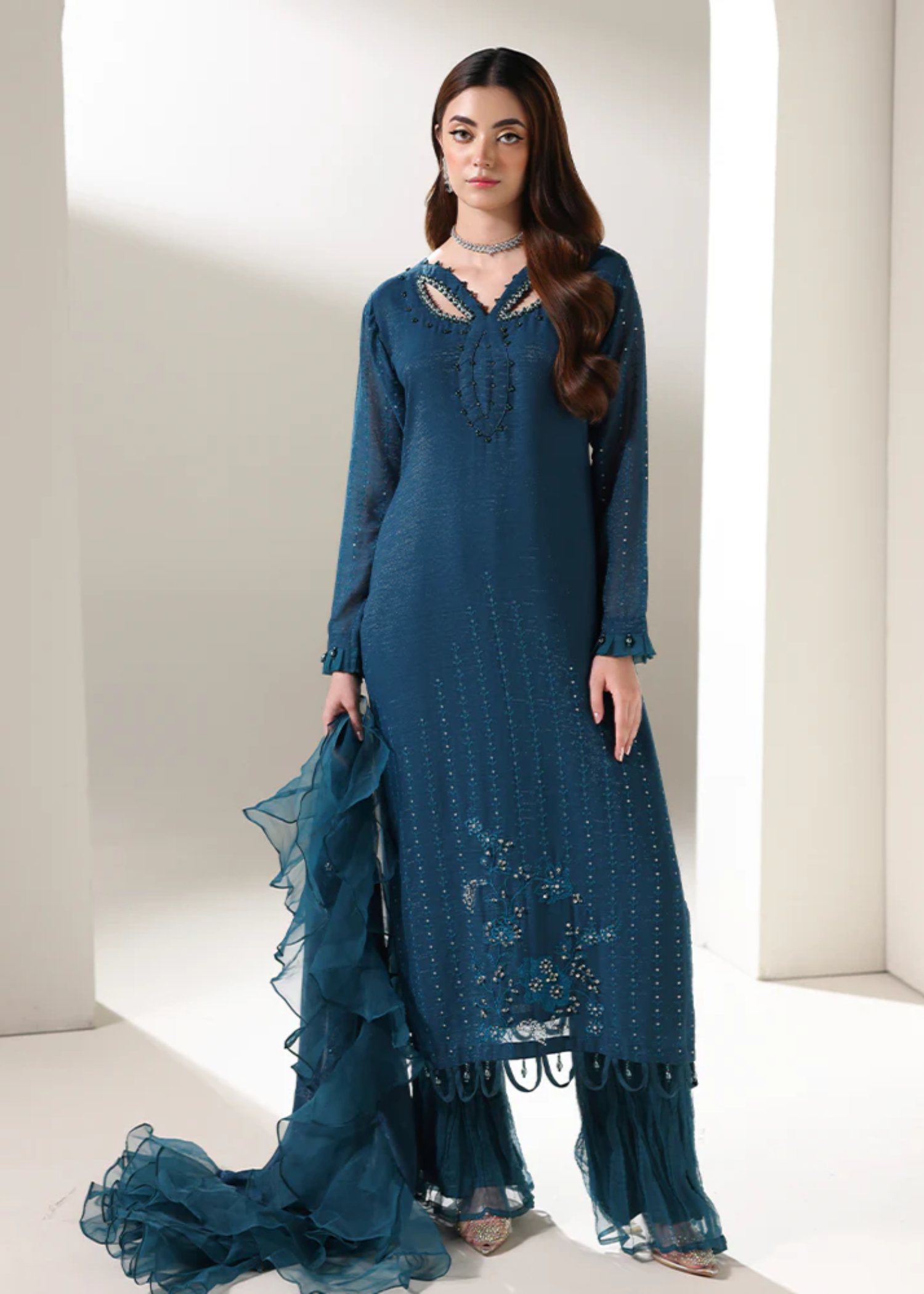 crinkle chiffon Kurta Set in Cobalt blue