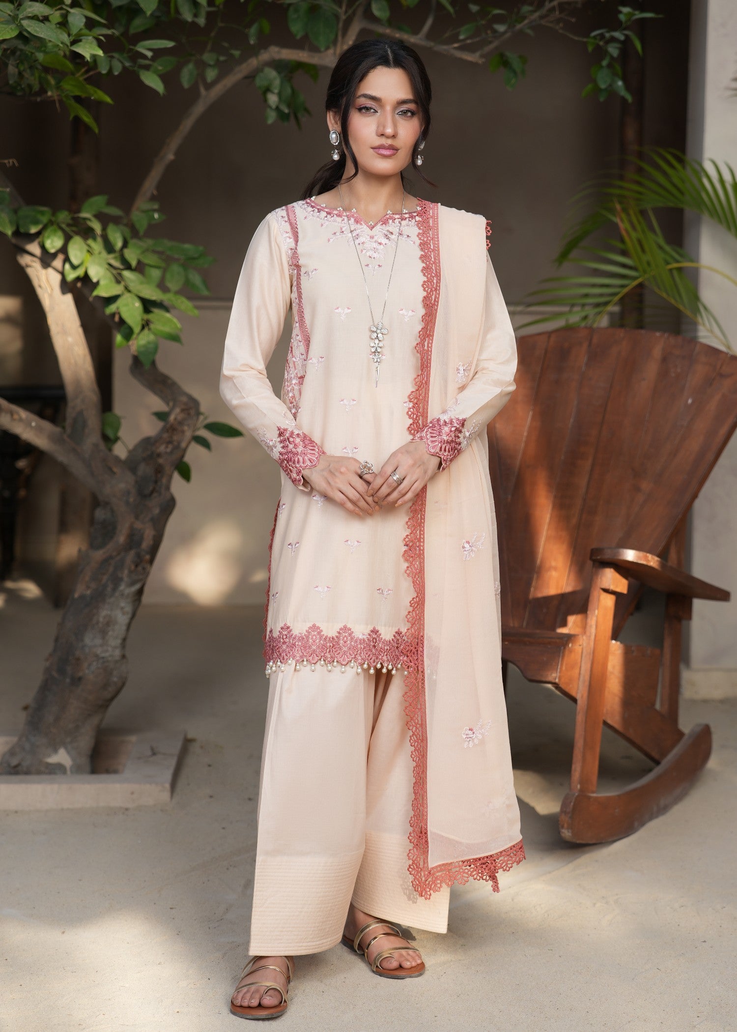lawn Kurta Set in Apricot orange, peach pink