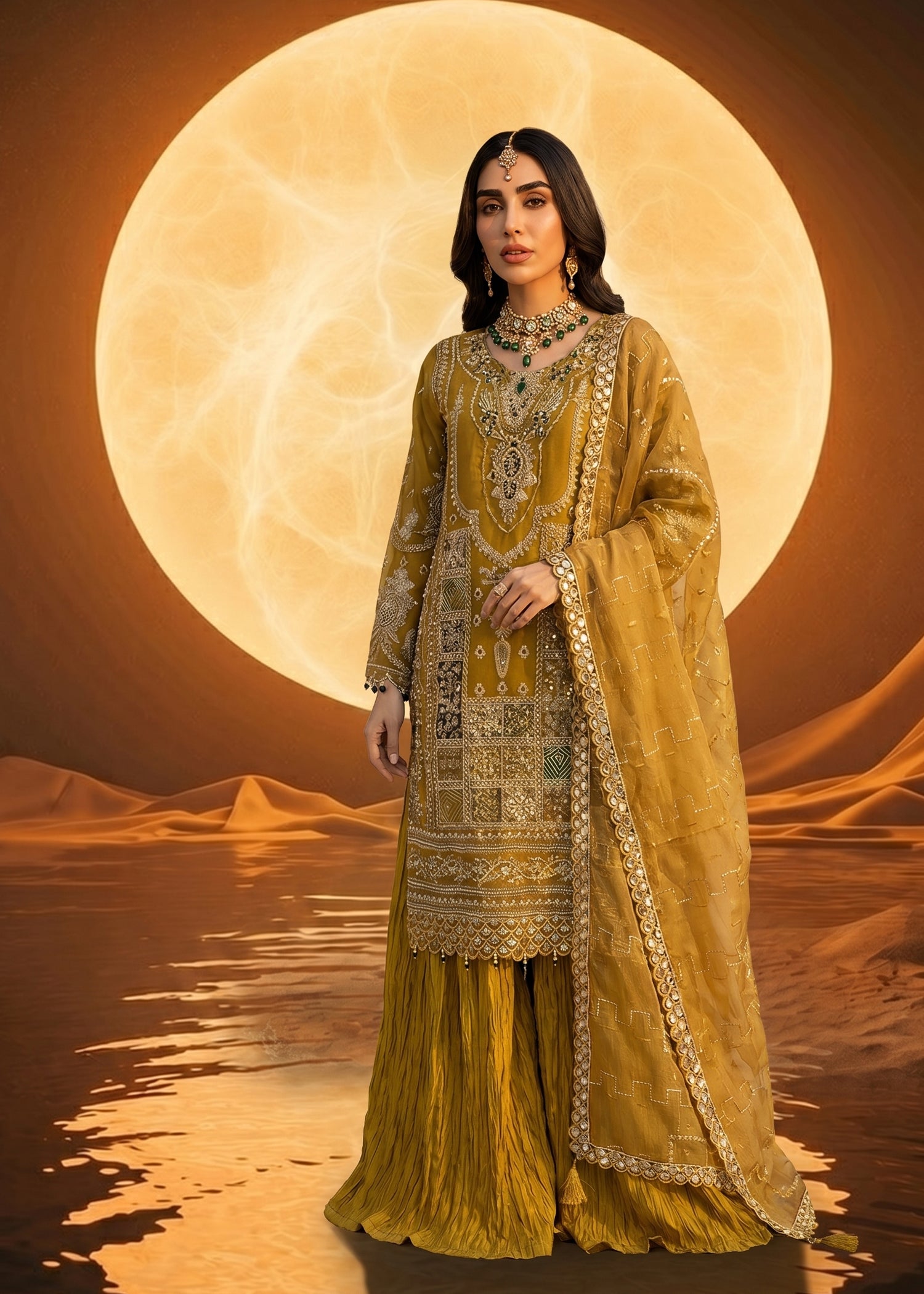 organza Lehenga in Mustard