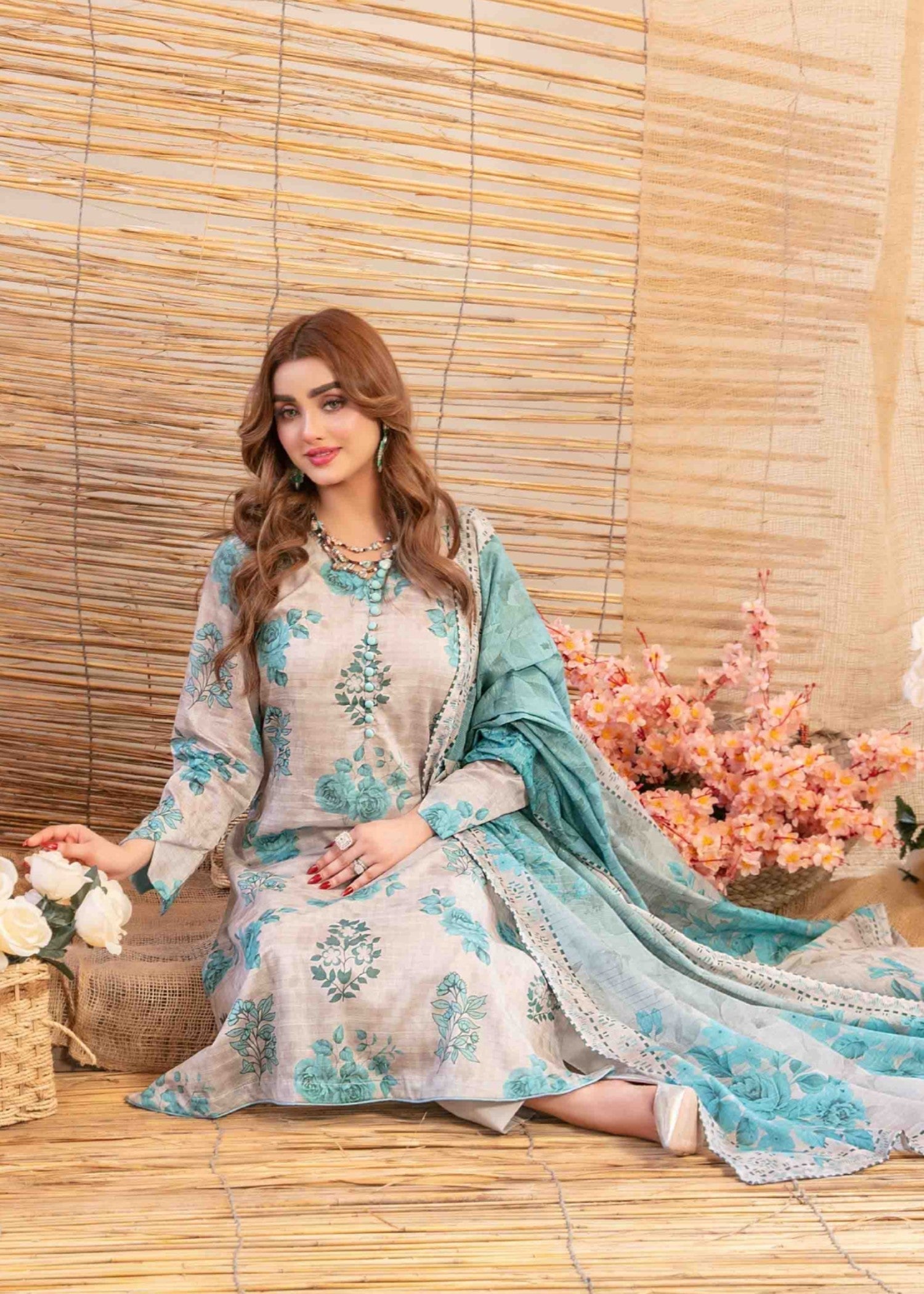 slub lawn Kurta Set in Sky blue, pastel grey