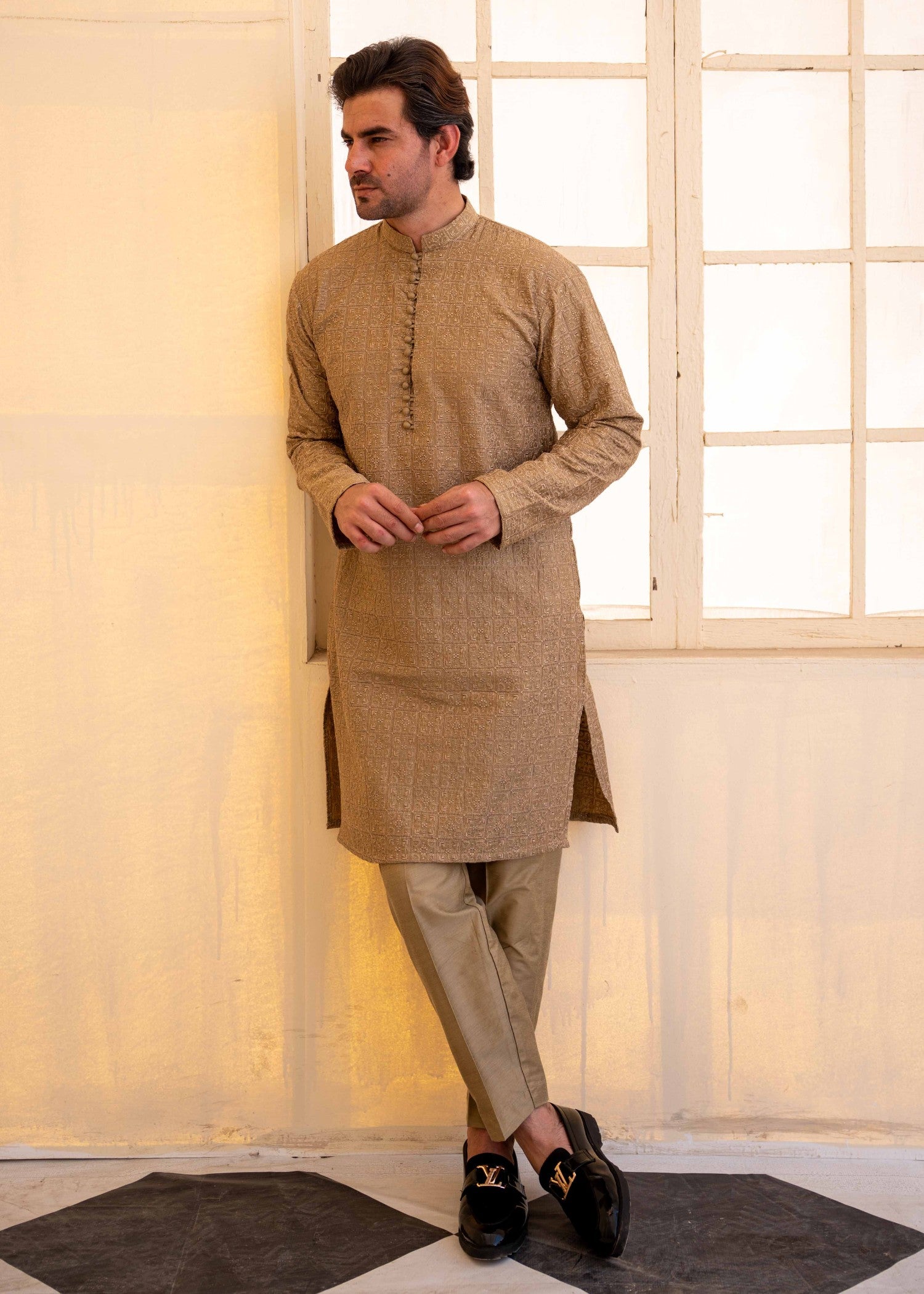 cotton silk Kurta Set in Khaki brown, golden brown