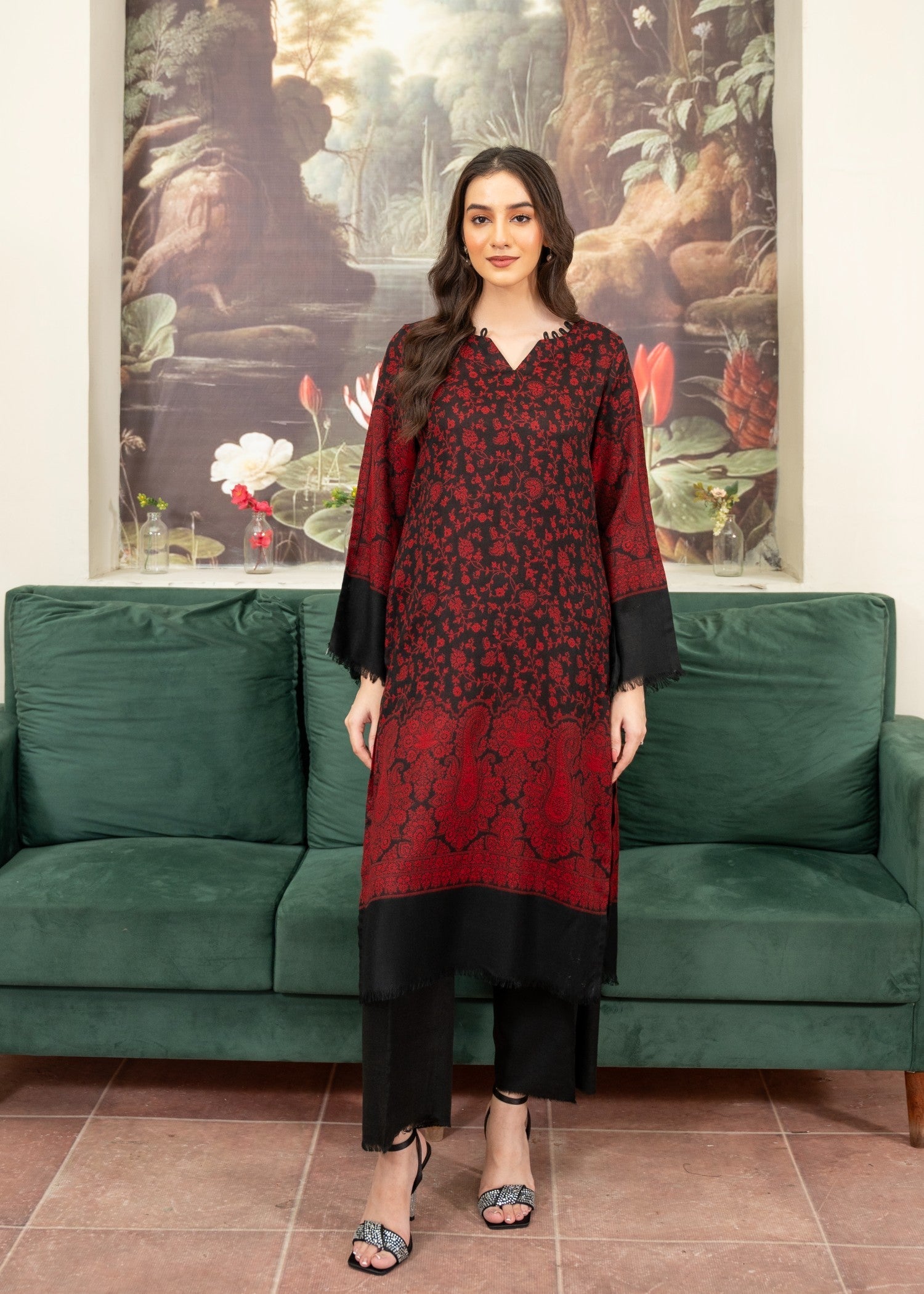 pashmina wool Kurta Set in Black, maroon