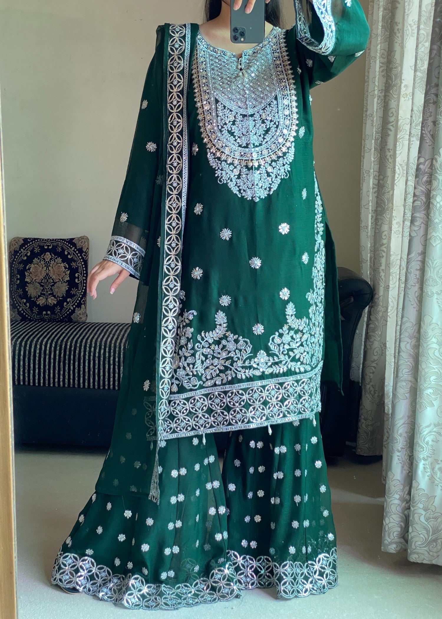 chiffon Gharara in Bottle green