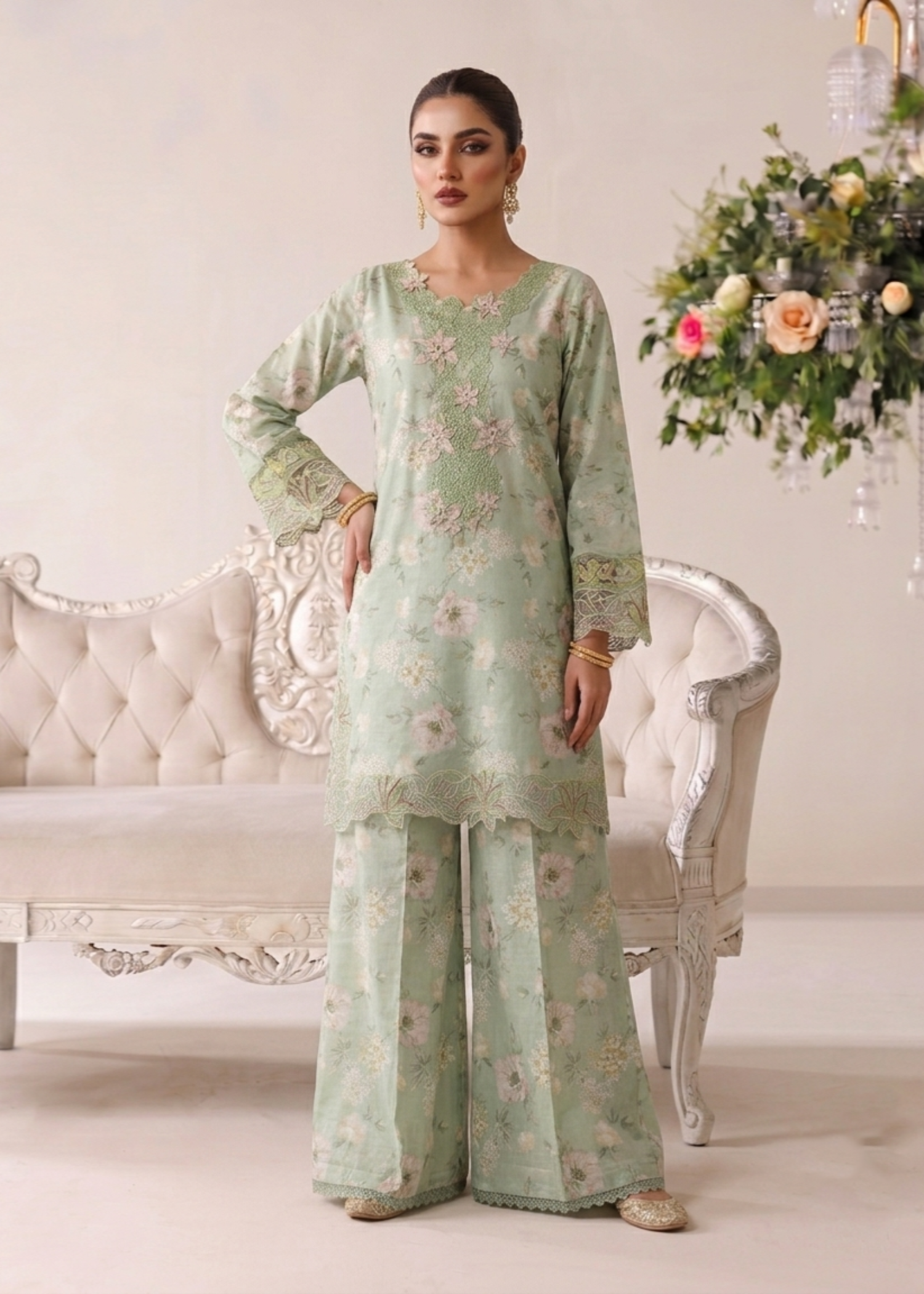 lawn Sharara in Mint green