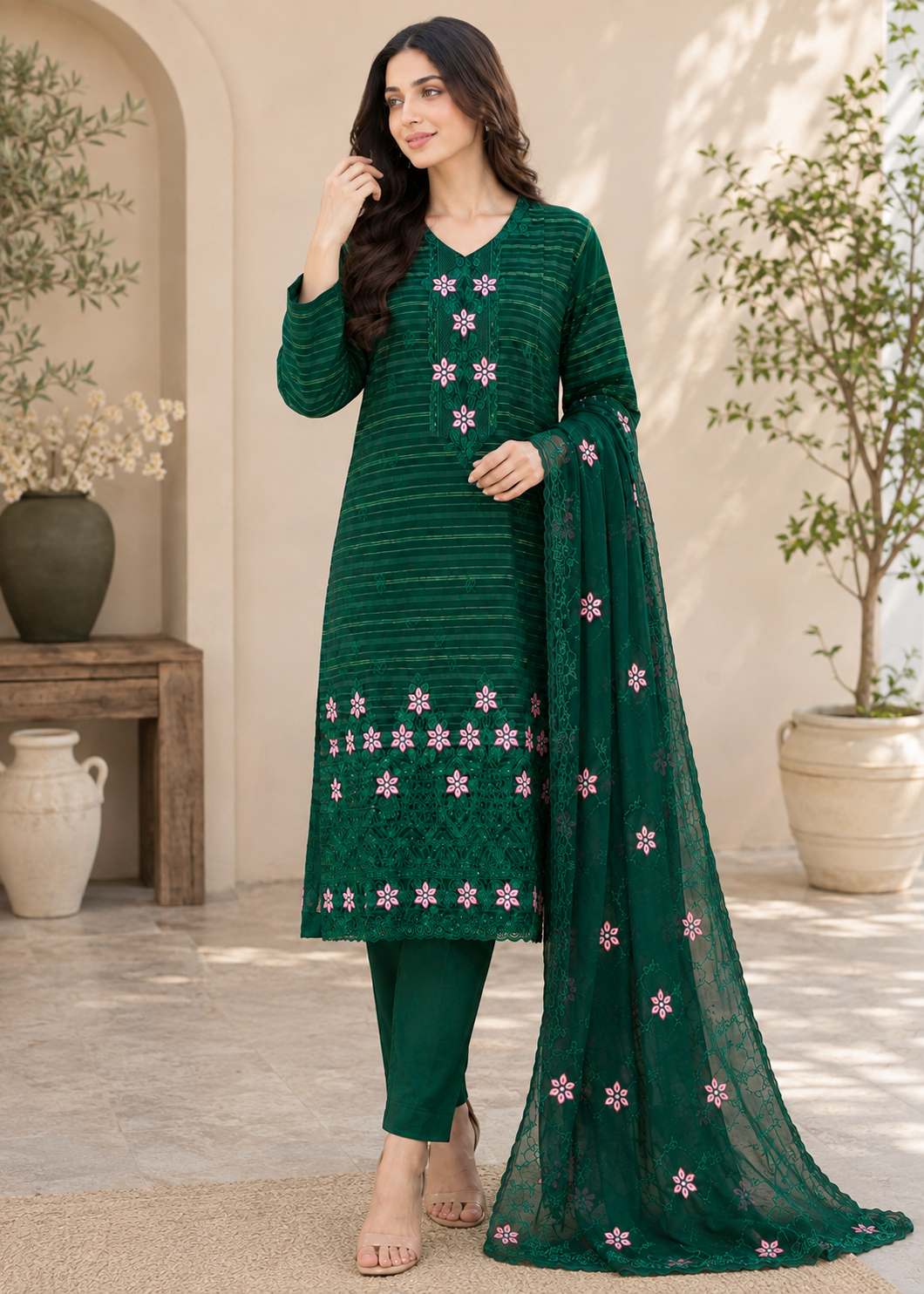 linen Kurta Set in Forest green
