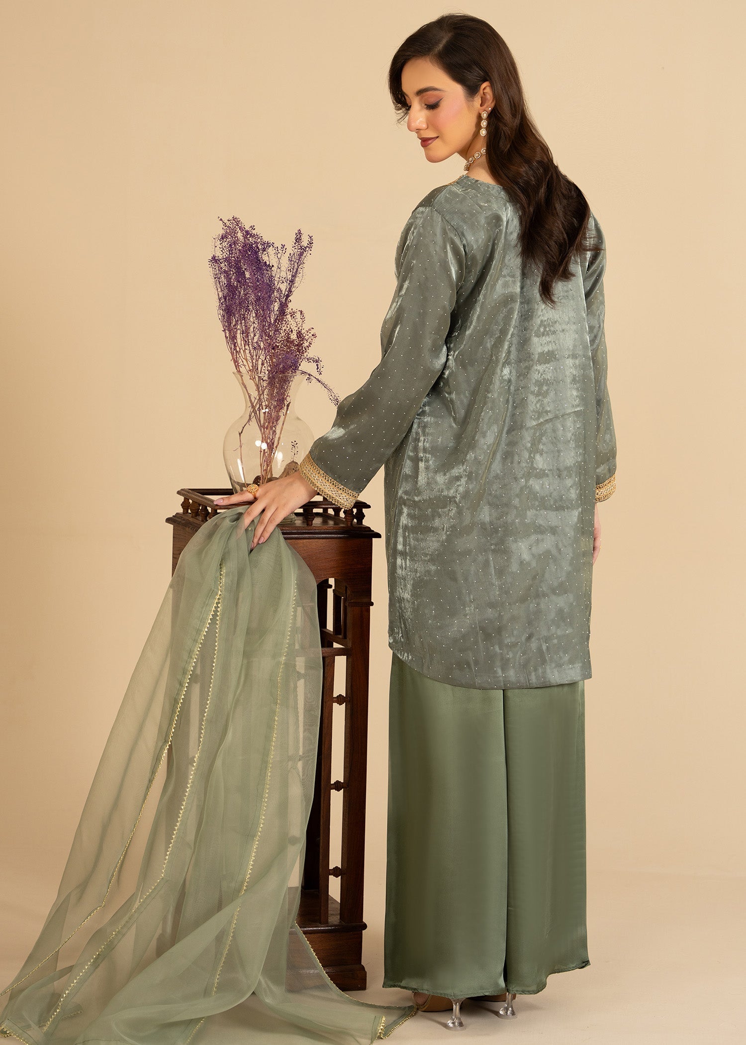 zari organza Short Frock in Moss green