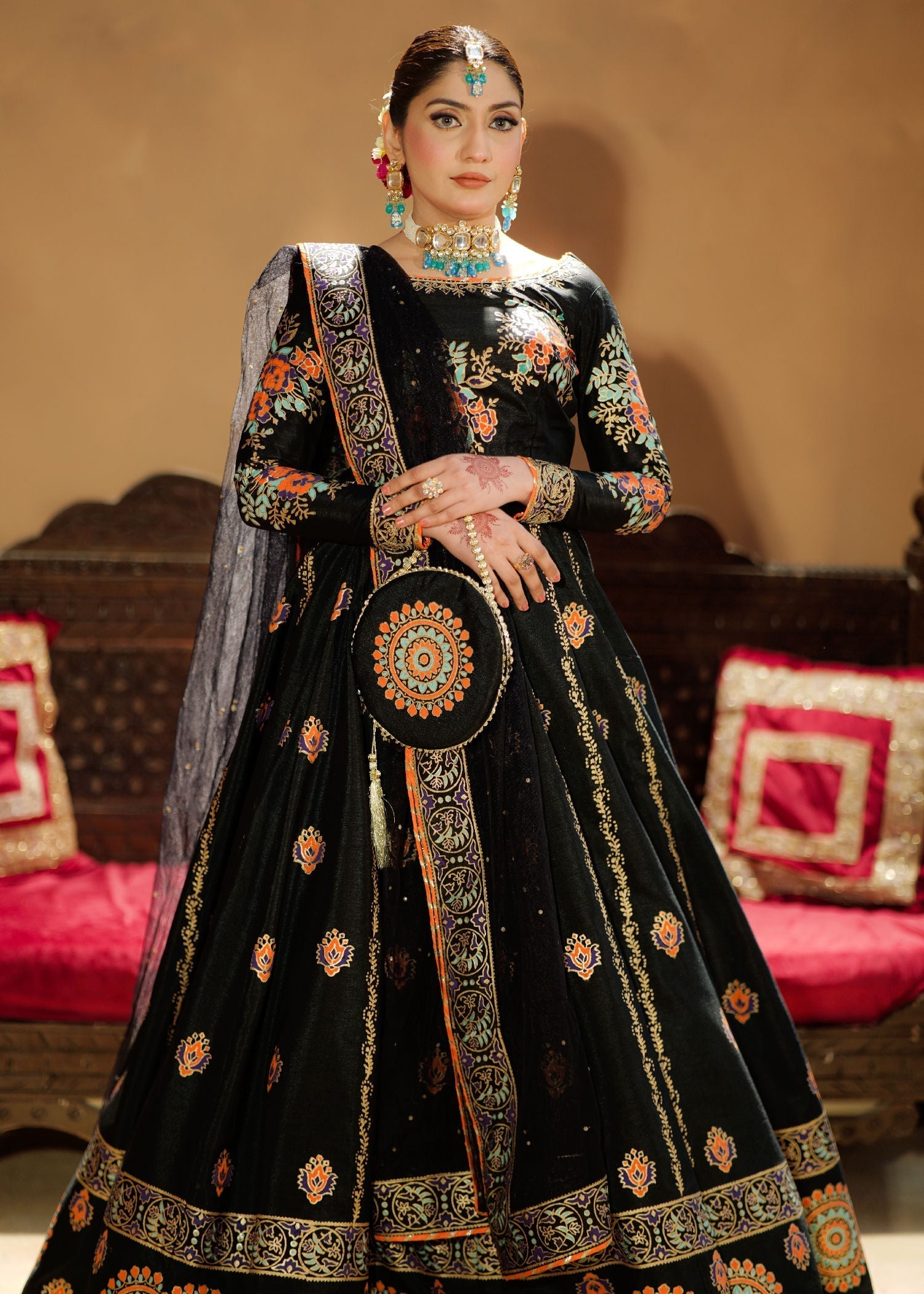 raw silk Lehenga in Black