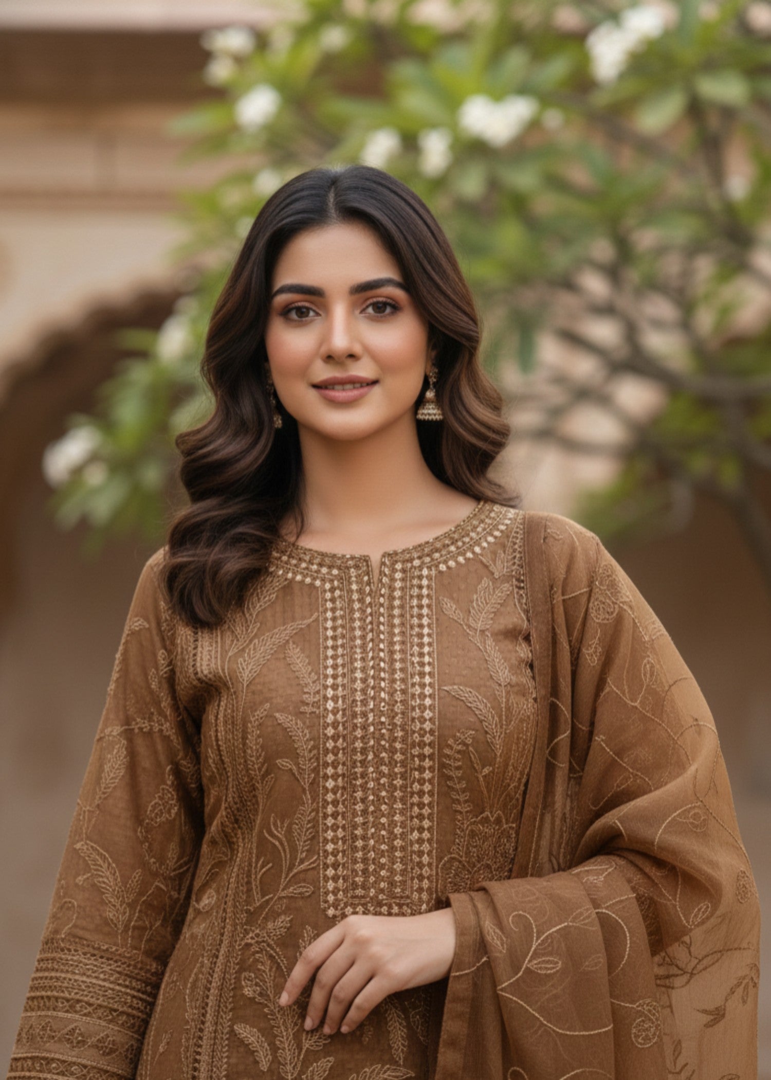 organza net Kurta Set in Brown