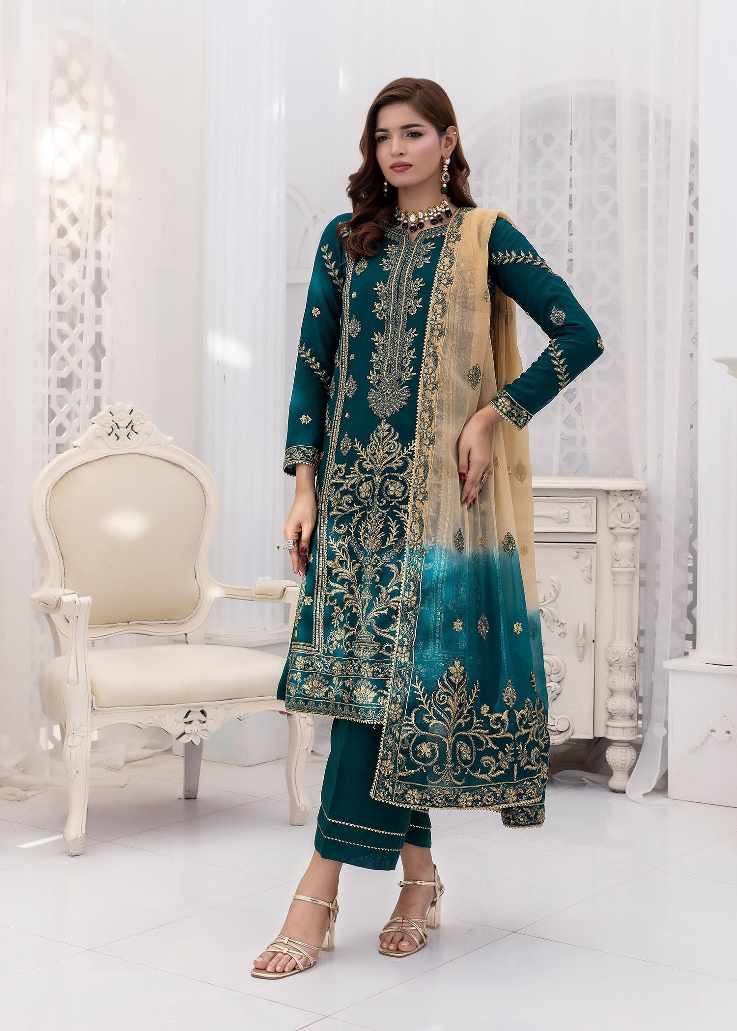 chiffon Kurta Set in Emerald green