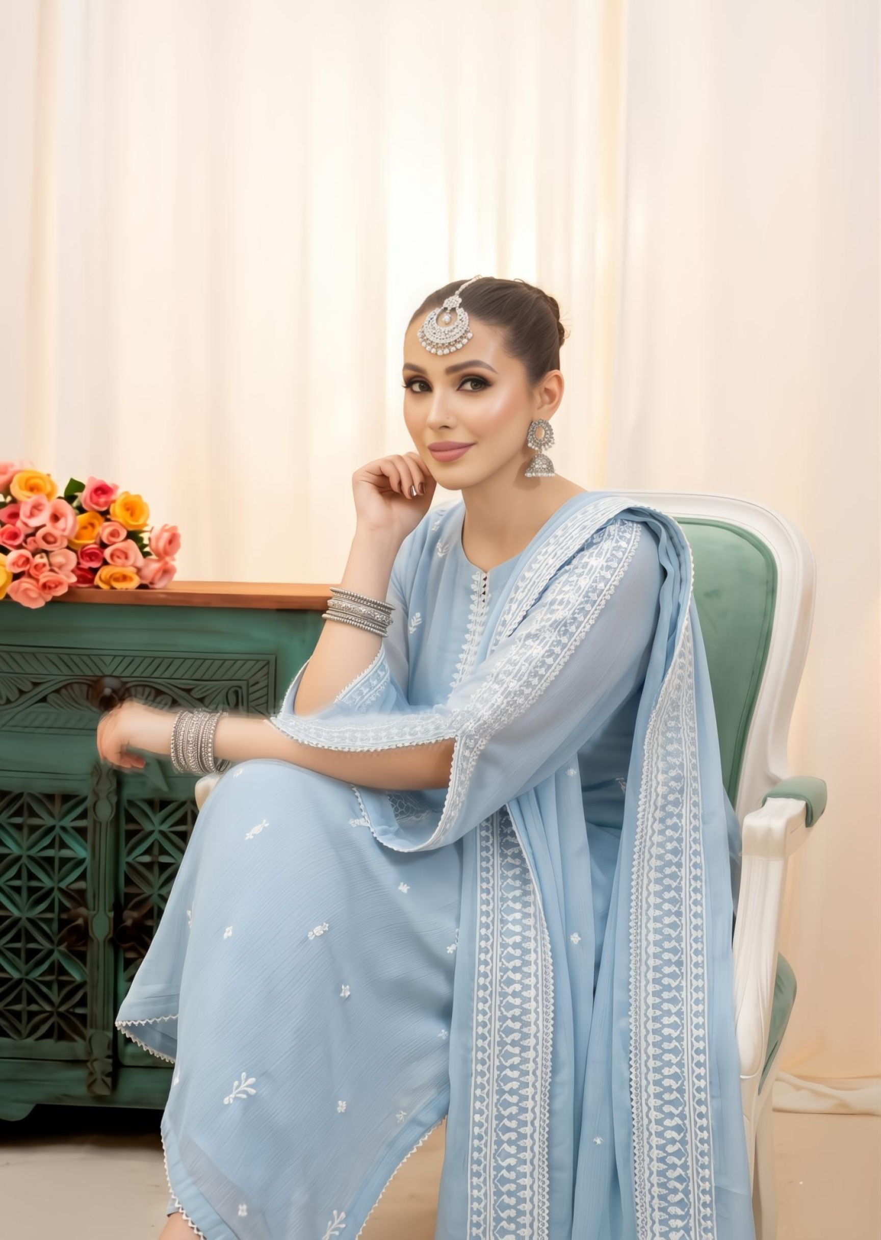 bemberg crinkle chiffon Kurta Set in Light blue