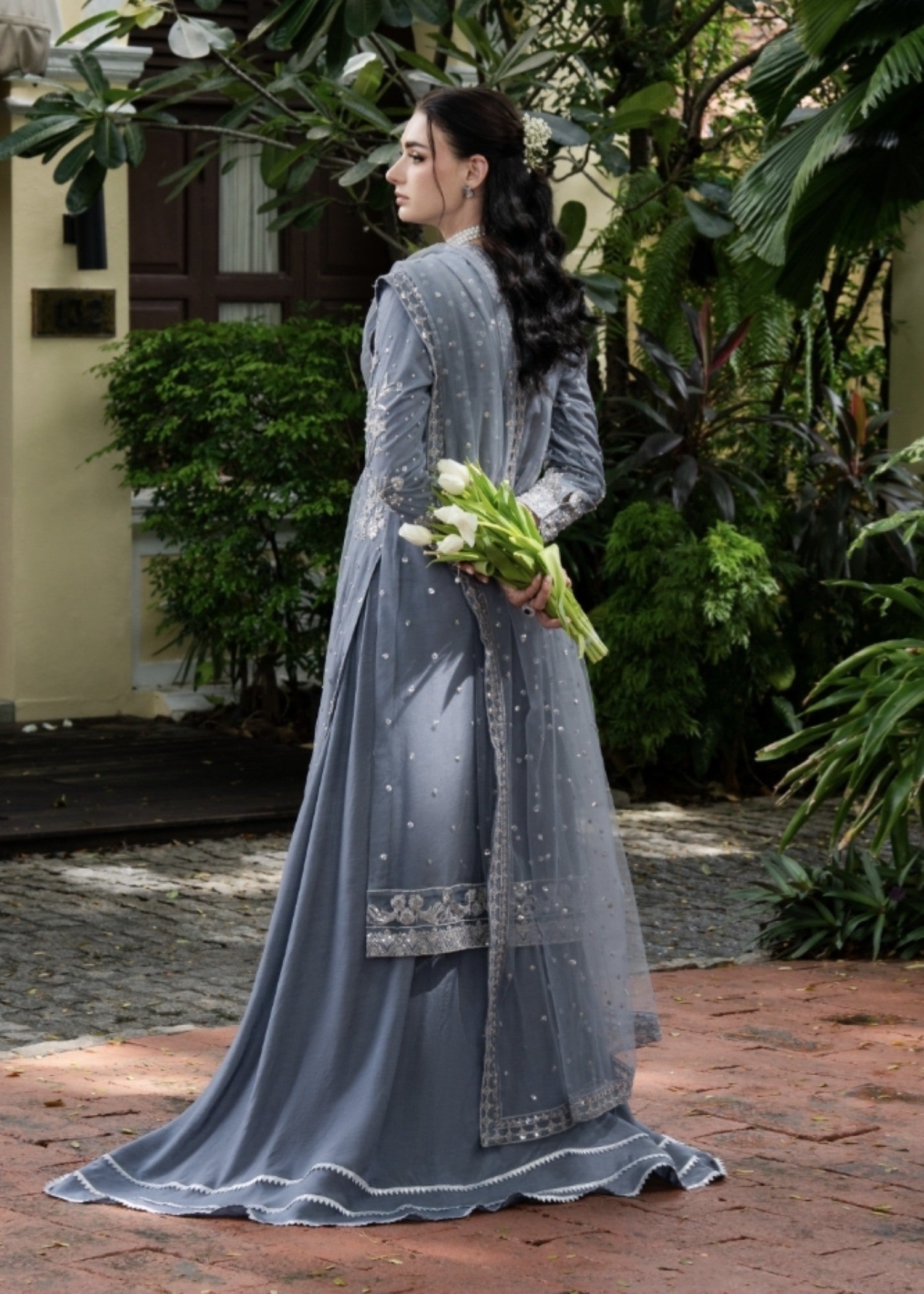net Lehenga in Slate grey