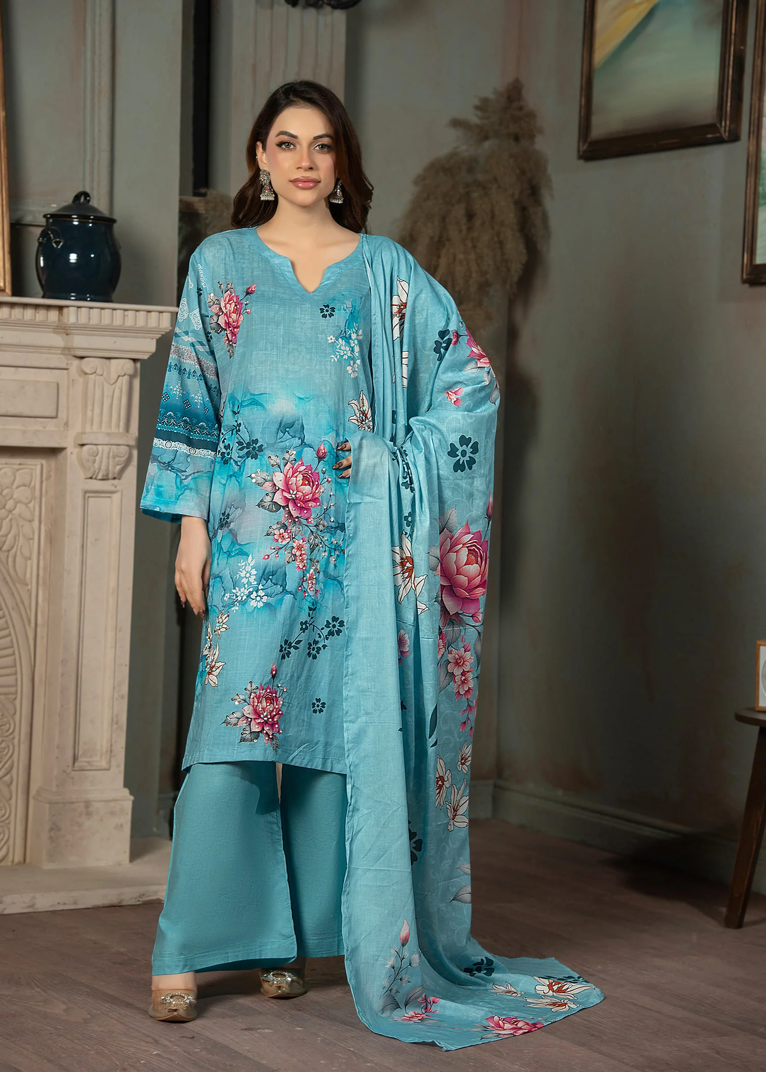 lawn Kurta Set in Dodger blue