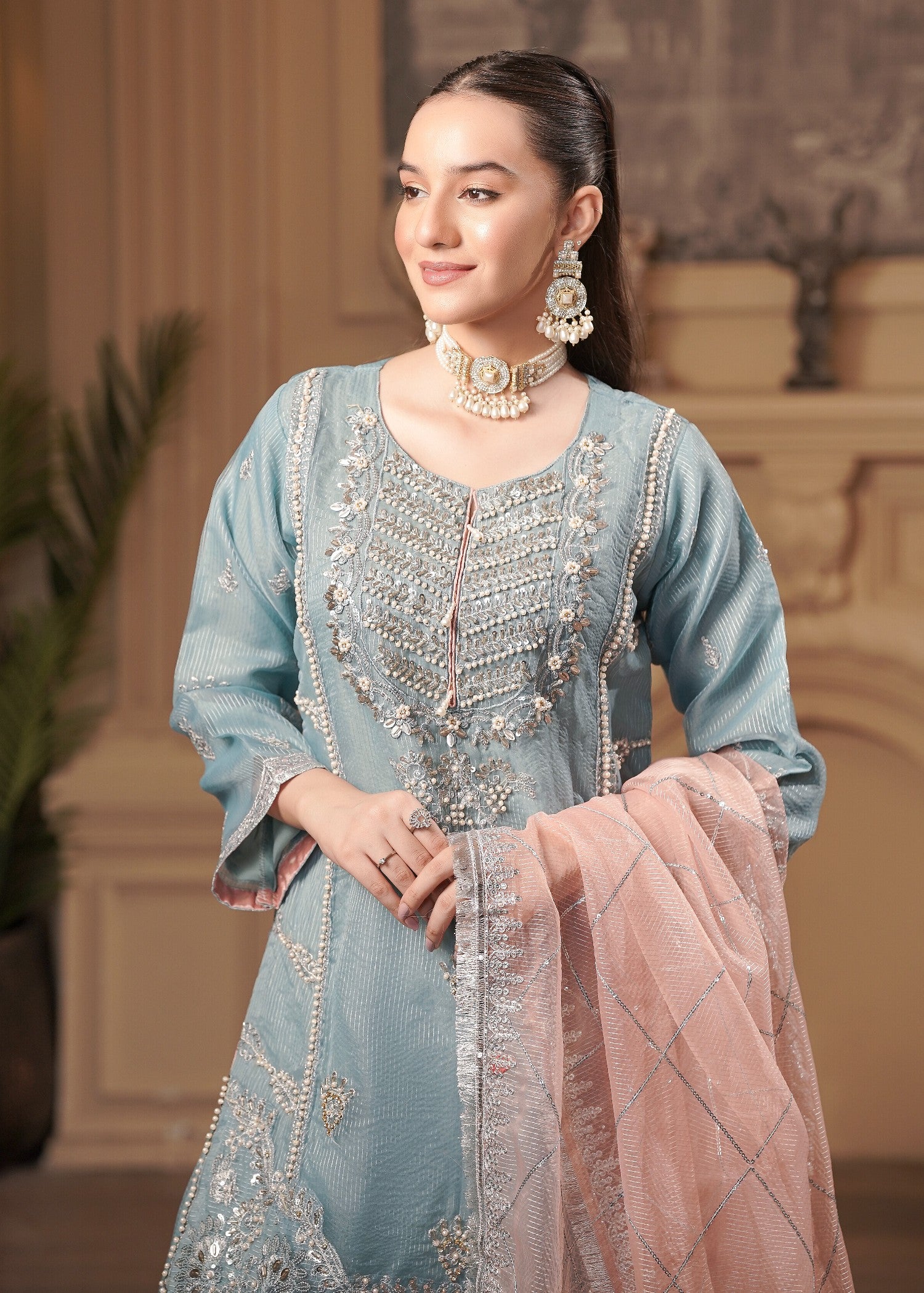 zari embroidered organza Sharara in Pastel green