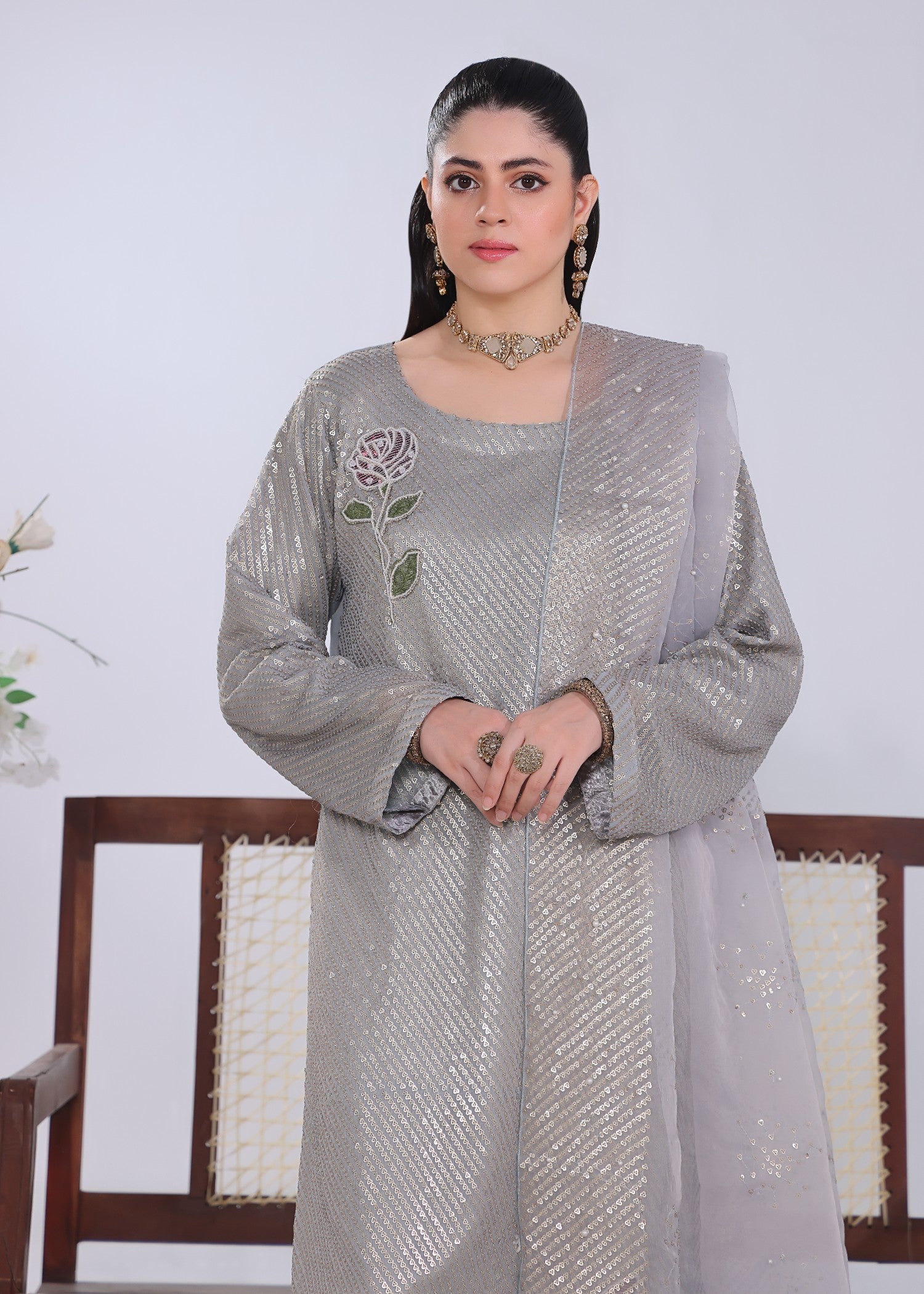 chiffon Kurta Set in Ash grey