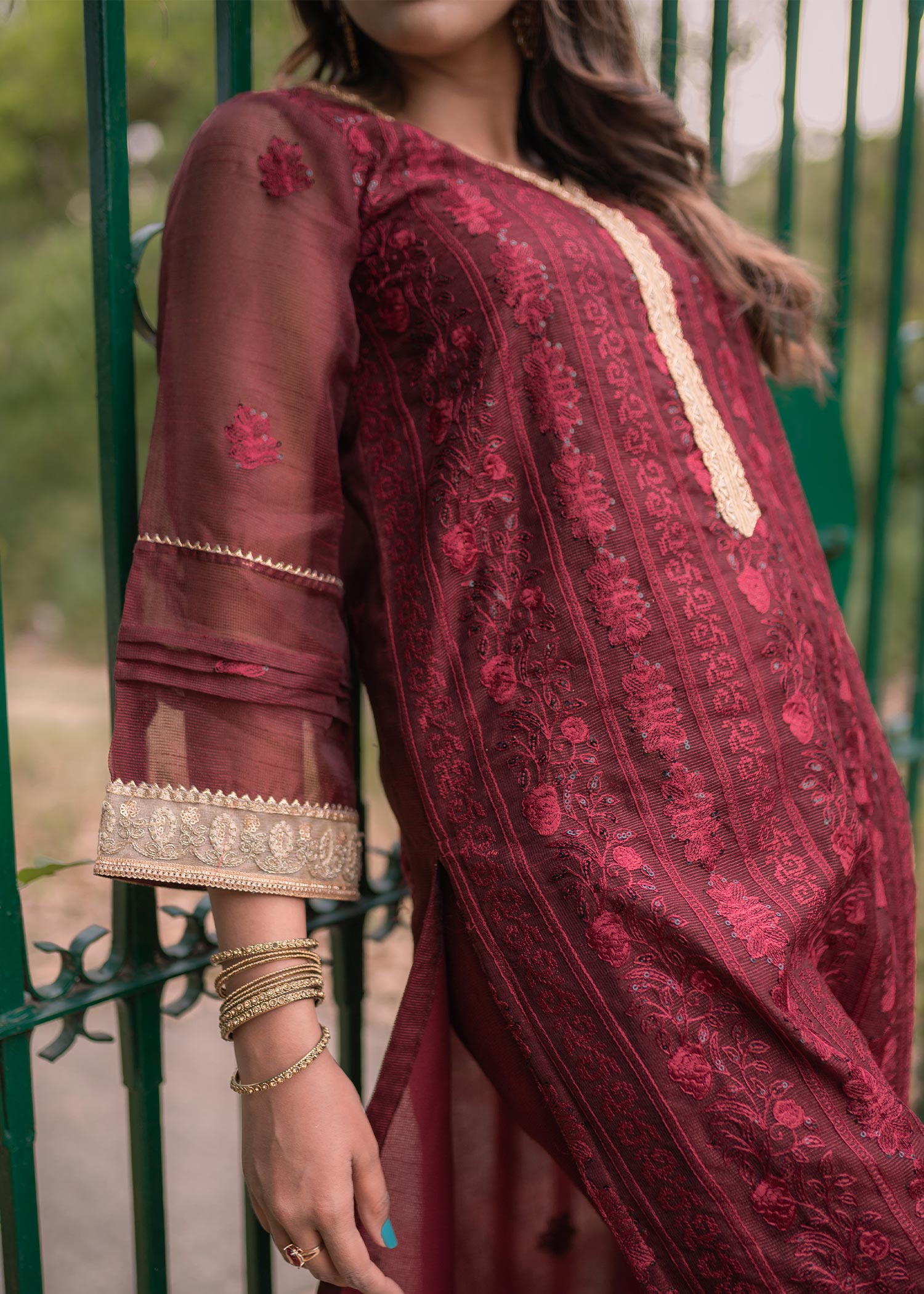 net Kurta Set in Maroon