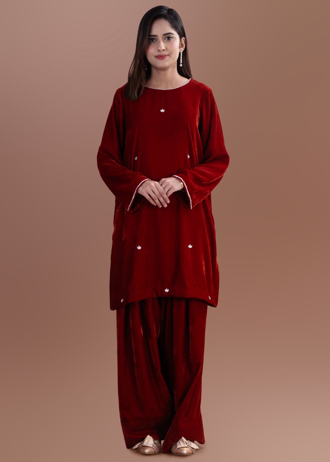 chinese micro velvet 9000 Kurta Set in Rust orange