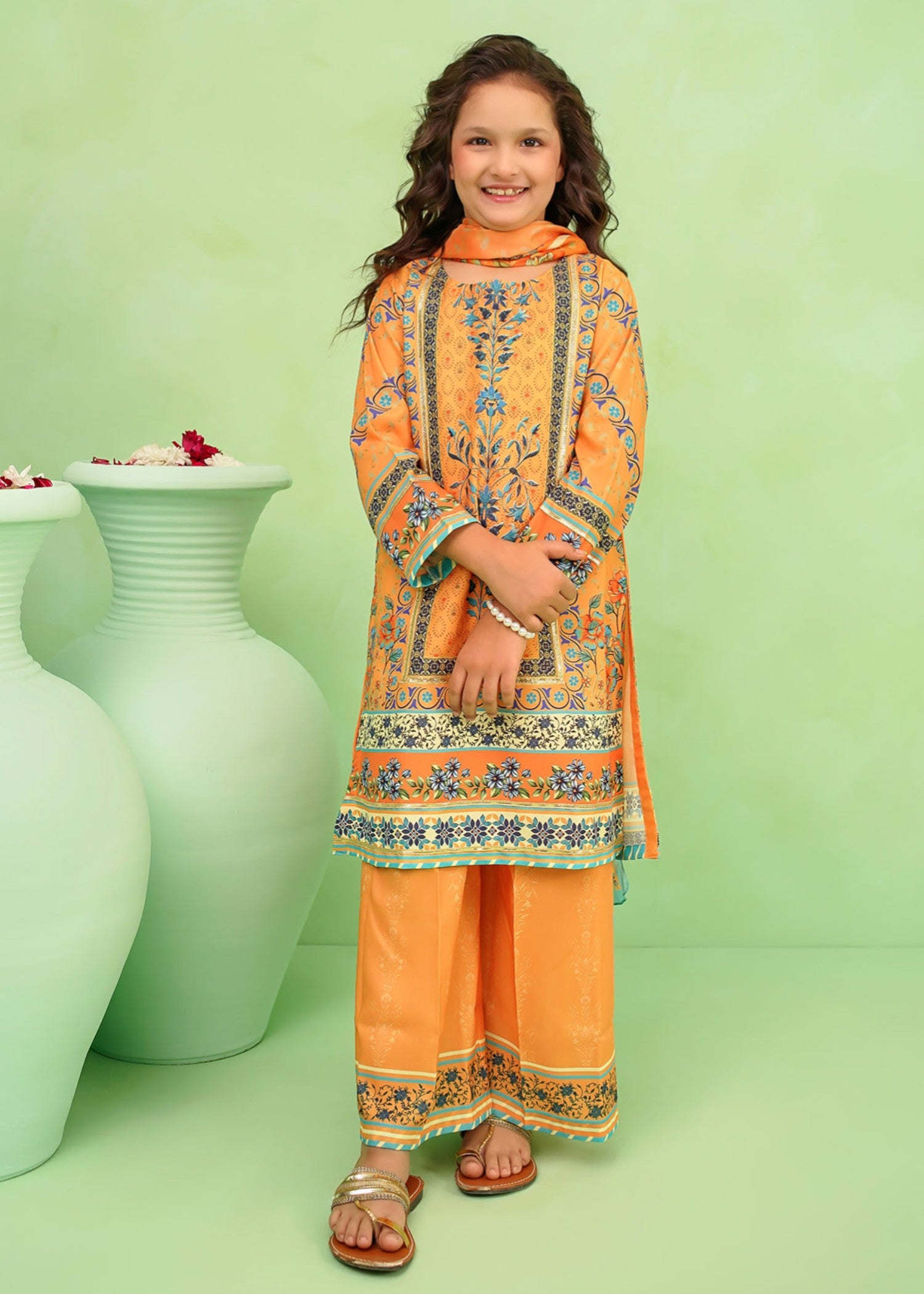 poly lawn Kurta Set in Yellow-orange