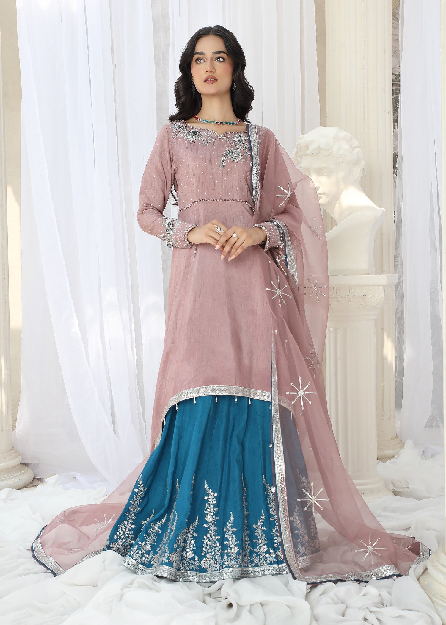 raw silk Pishwas in Mauve pink, blue