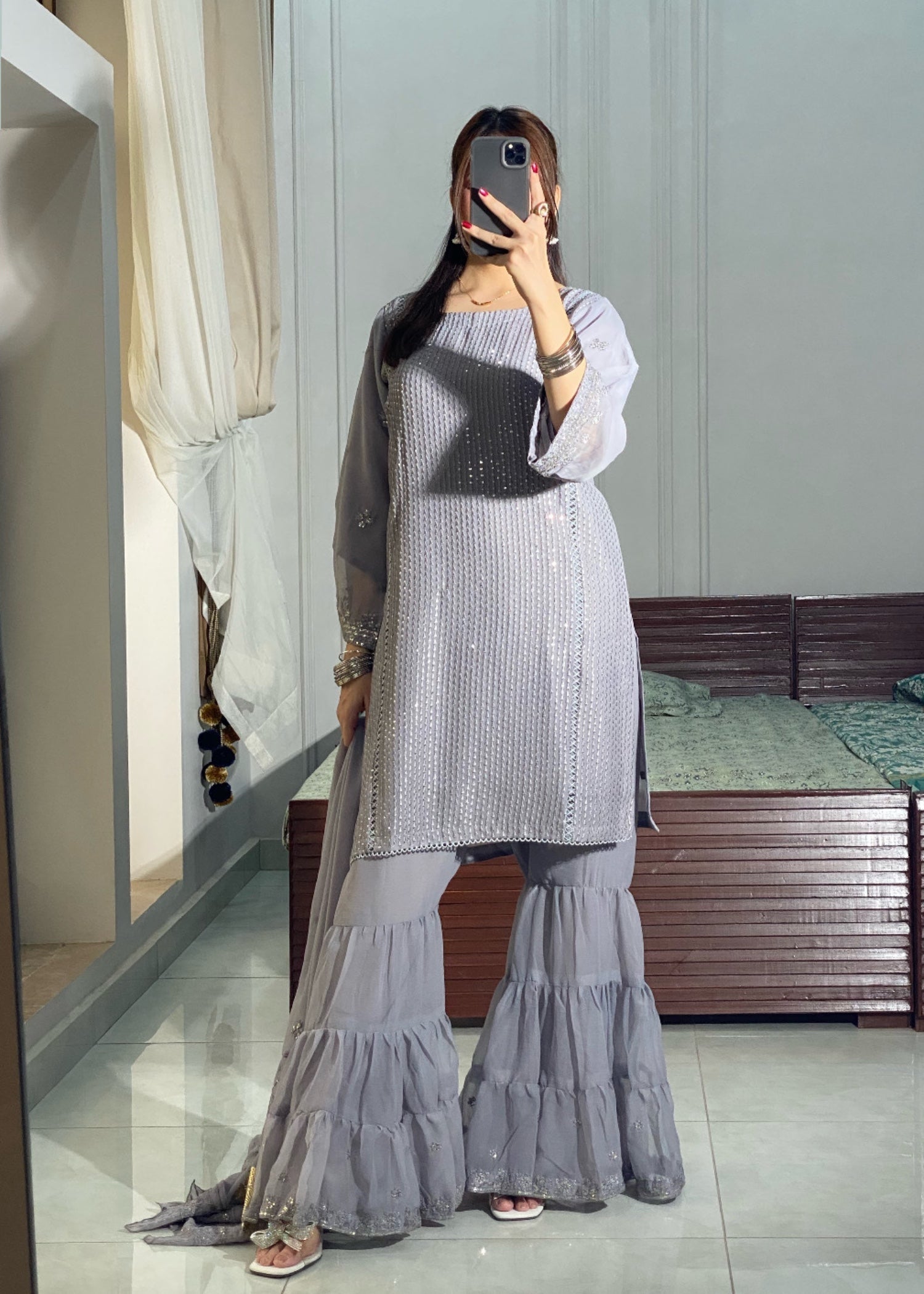 chiffon Gharara in Ash grey