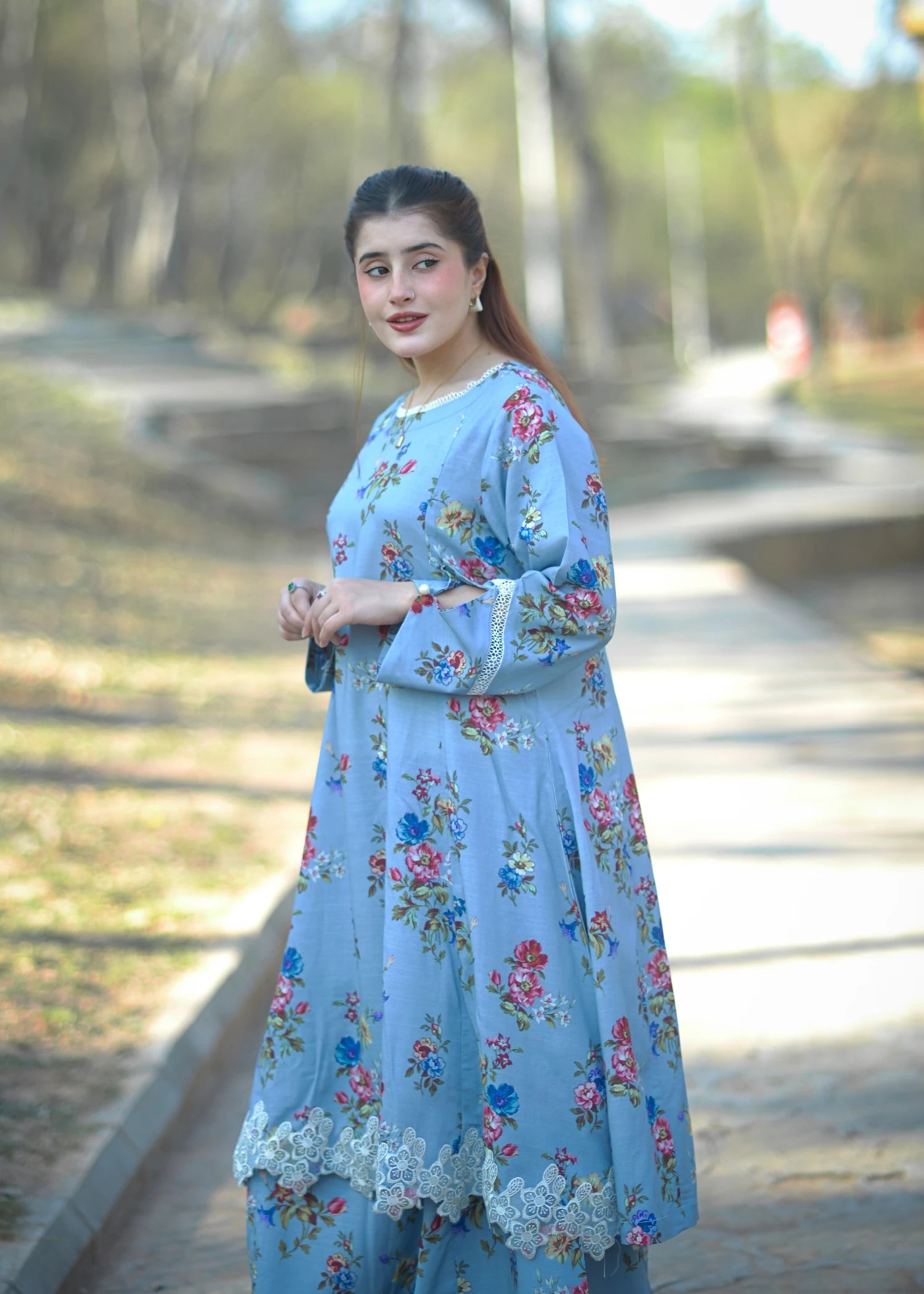 lawn cotton Kurta Set in Powder blue