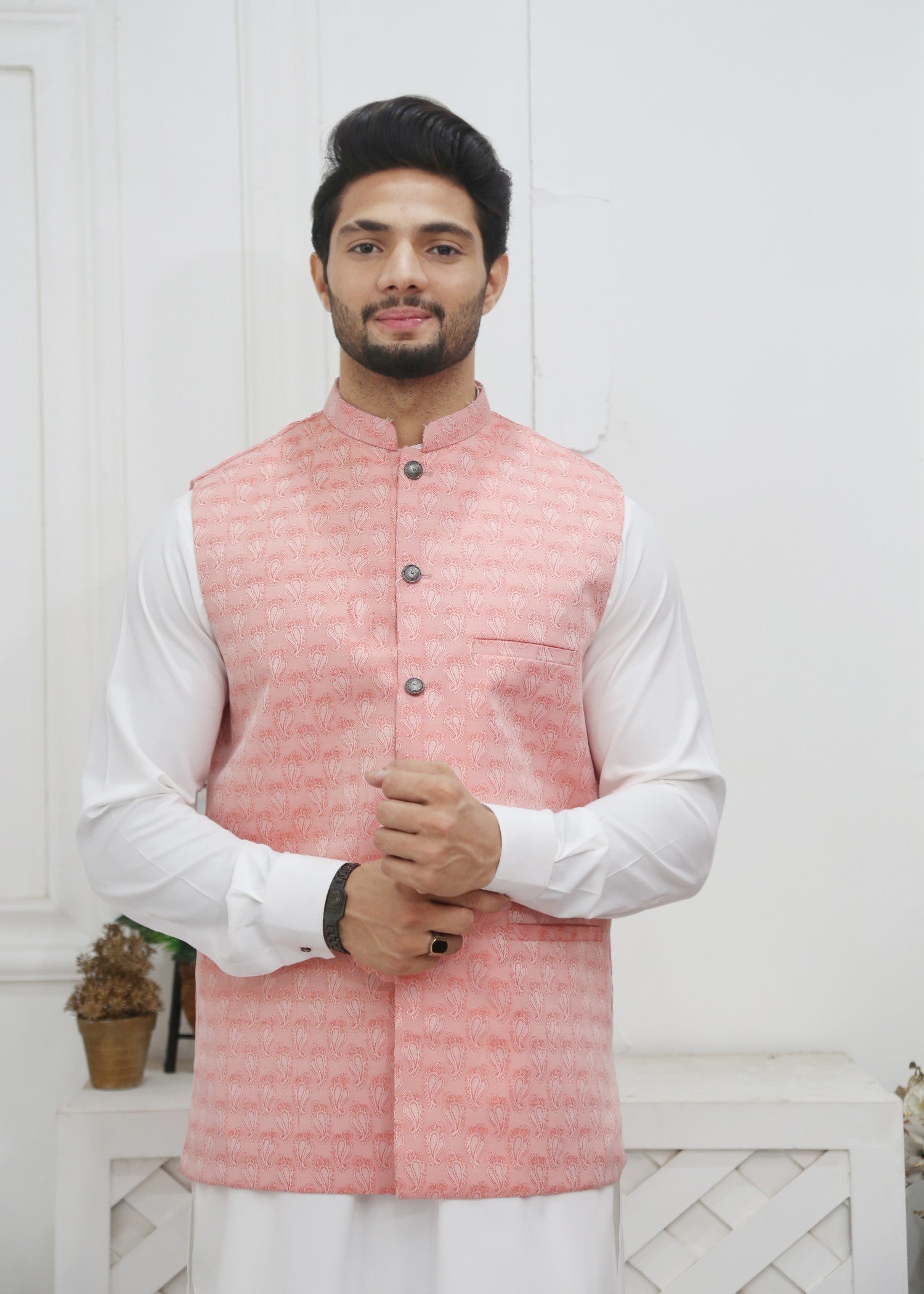 jamawar Waistcoat in Pink