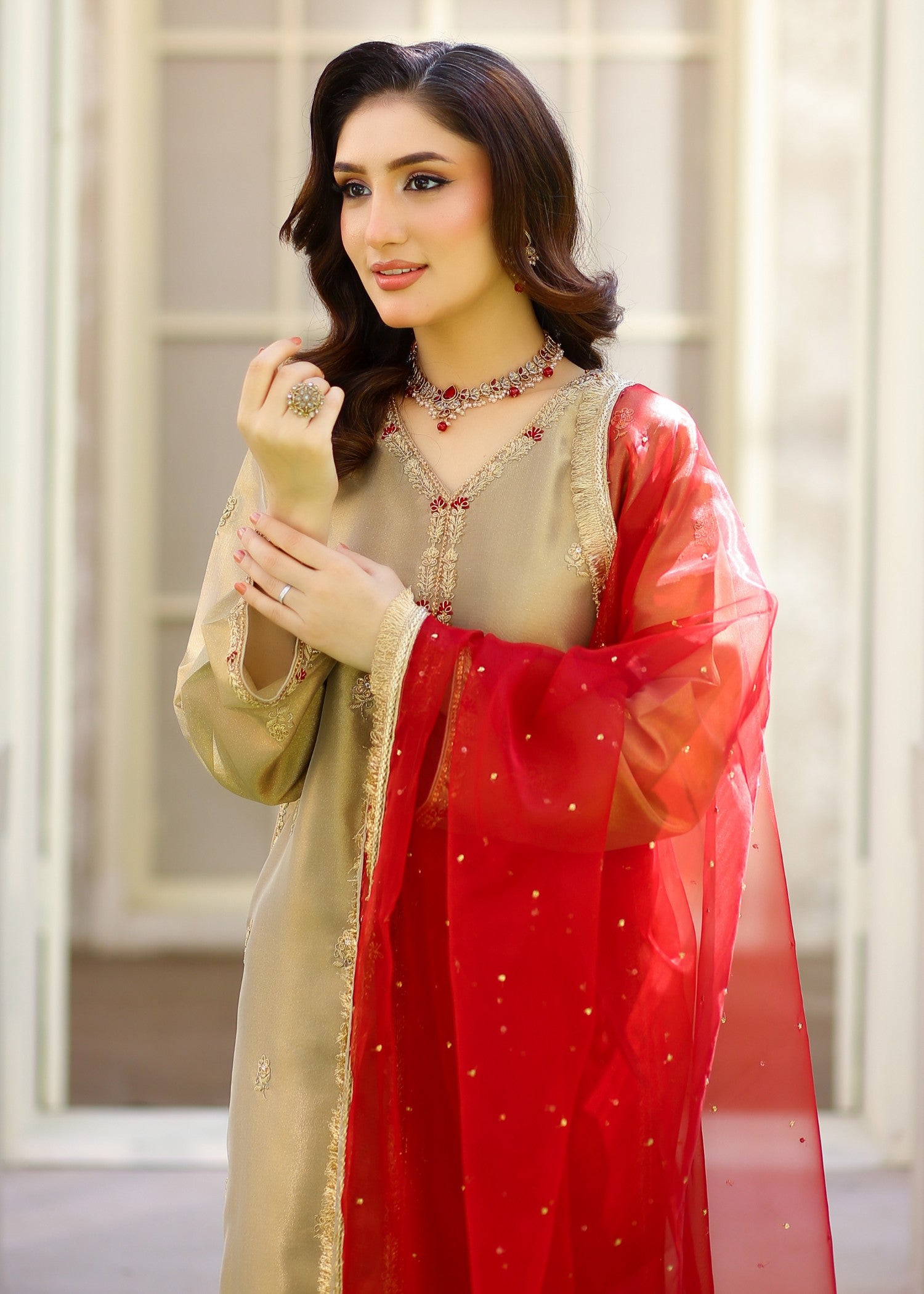 silk tissue Kurta Set in Mari gold